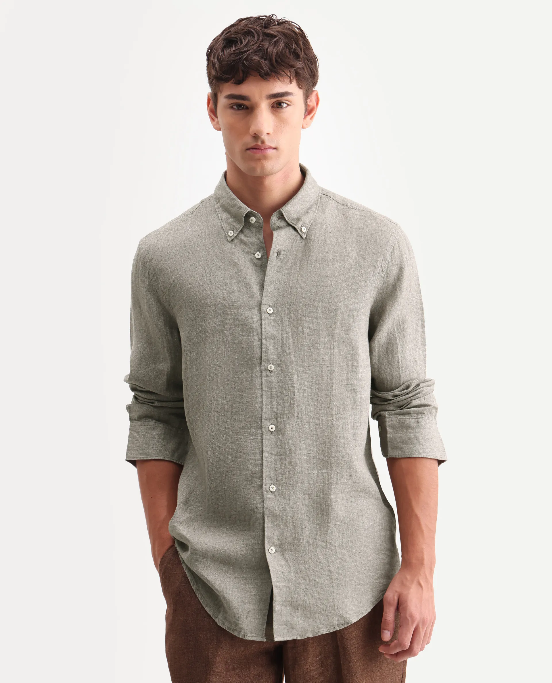 Rare Rabbit Men's Brisbane Ls Brown 100% Linen Plain Regular Fit Full Sleeve Button-Down Collar Shirt - Image 4
