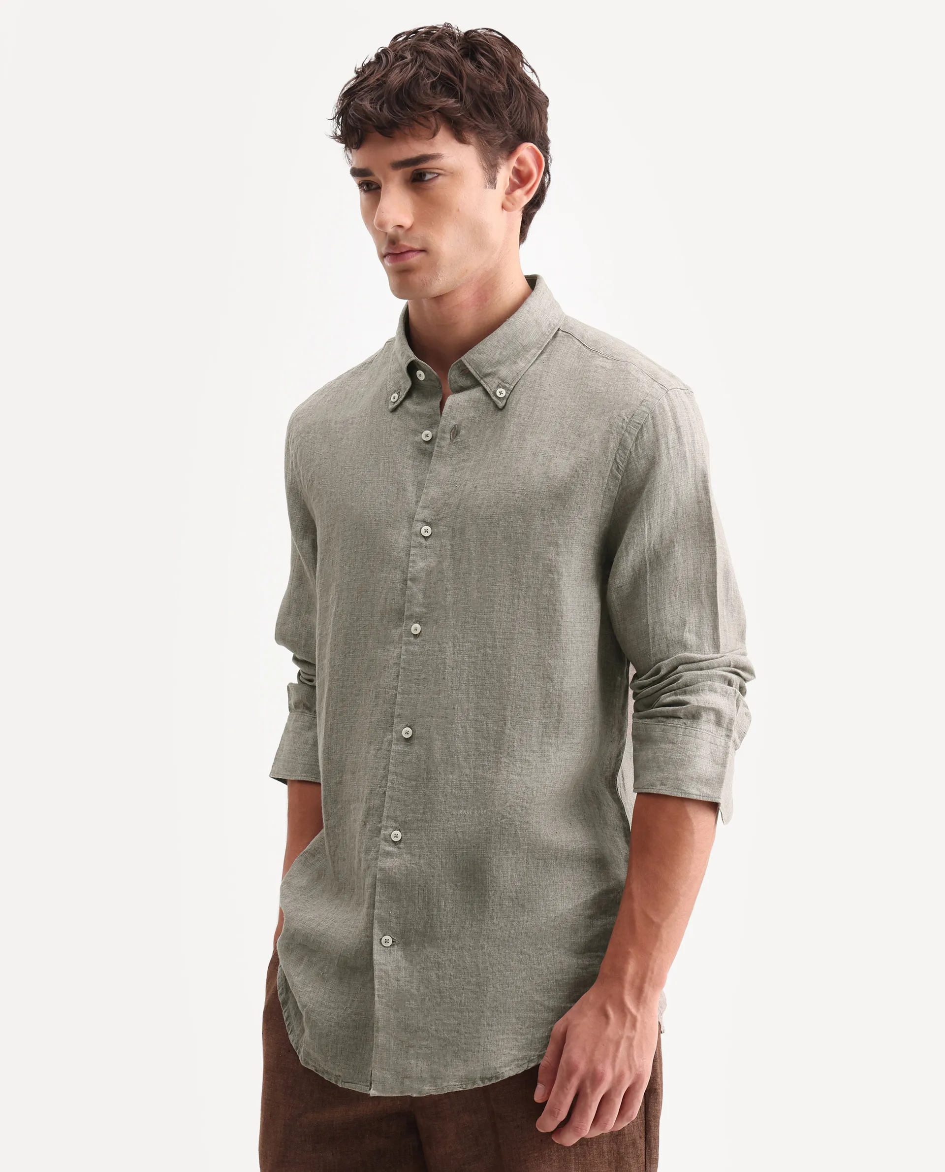 Rare Rabbit Men's Brisbane Ls Brown 100% Linen Plain Regular Fit Full Sleeve Button-Down Collar Shirt - Image 5