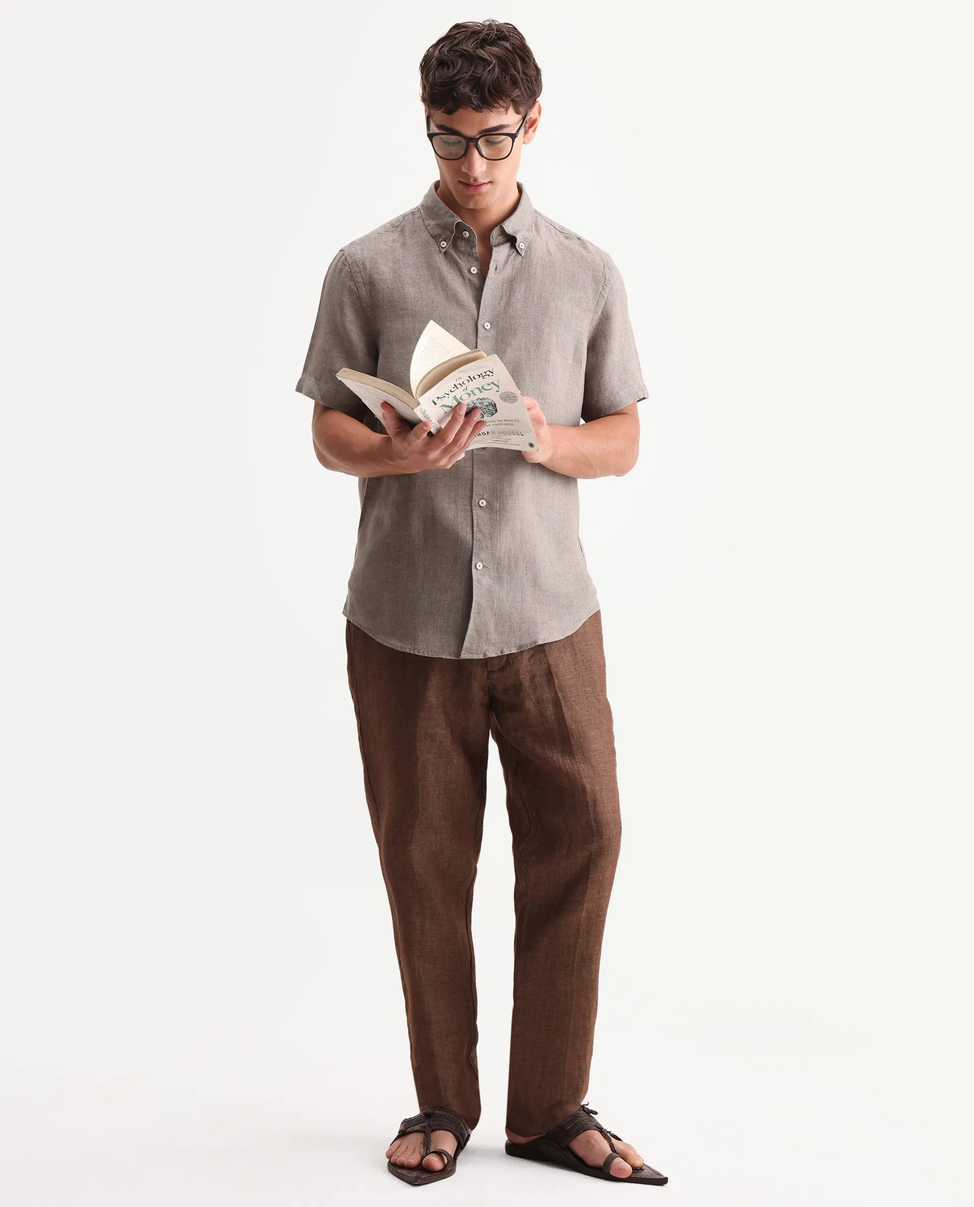 Rare Rabbit Men's Brisbane Ss Brown 100% Linen Plain Regular Fit Half Sleeve Collared Shirt - Image 2