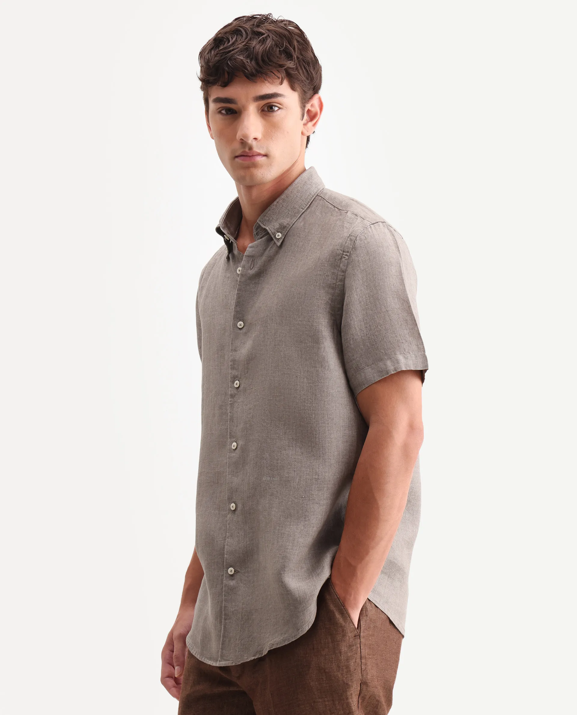 Rare Rabbit Men's Brisbane Ss Brown 100% Linen Plain Regular Fit Half Sleeve Collared Shirt - Image 6