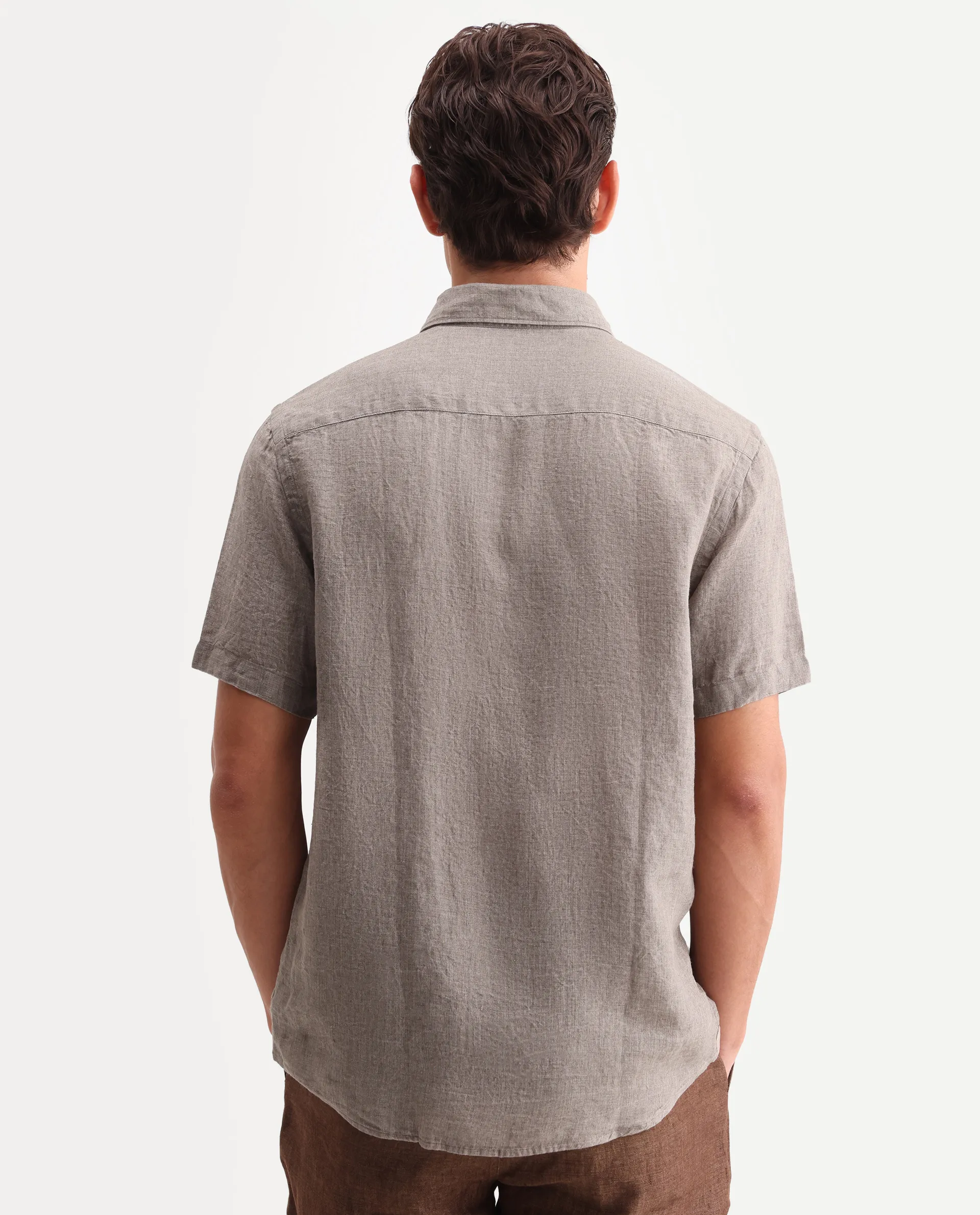 Rare Rabbit Men's Brisbane Ss Brown 100% Linen Plain Regular Fit Half Sleeve Collared Shirt - Image 7