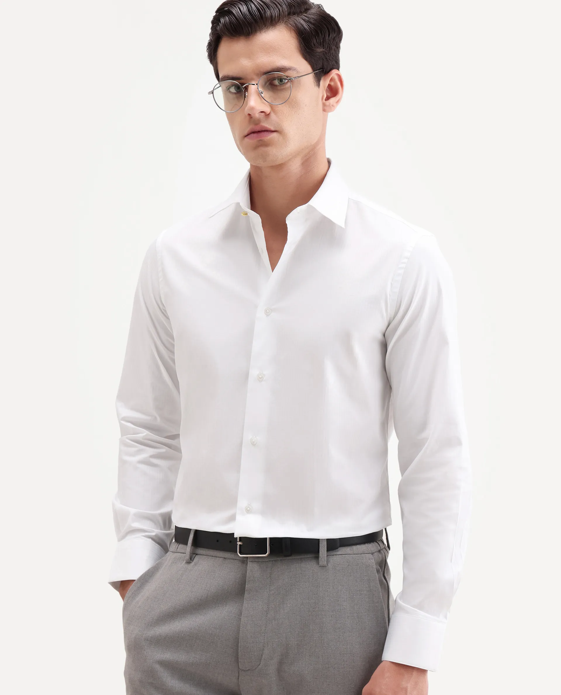 Rare Rabbit Men's Brisc-26 White Cotton Fabric Full Sleeve Spread Collar Button Regular Plain Shirt