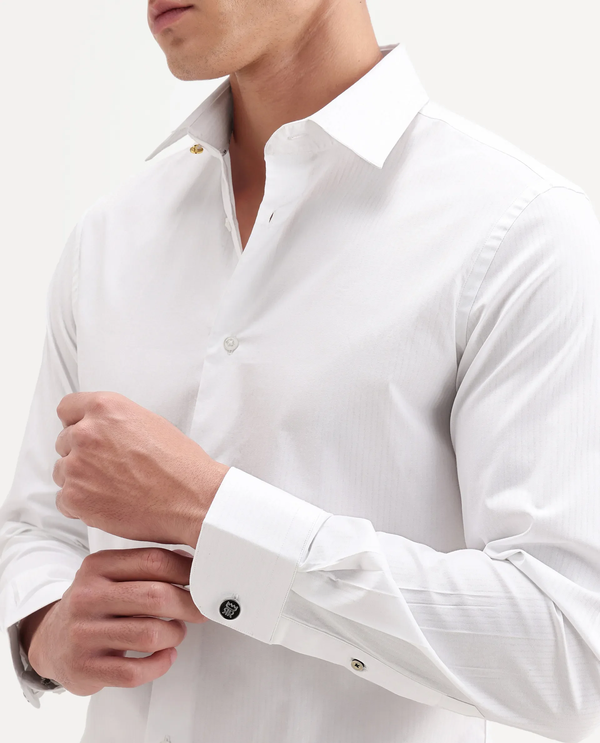 Rare Rabbit Men's Brisc-26 White Cotton Fabric Full Sleeve Spread Collar Button Regular Plain Shirt - Image 3