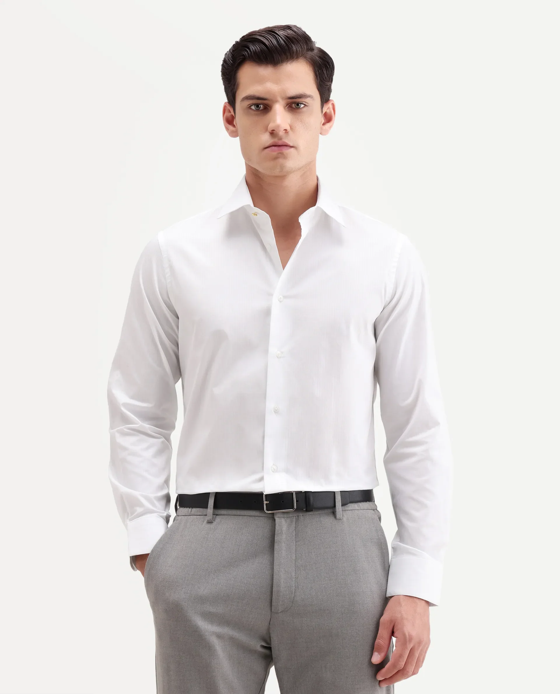 Rare Rabbit Men's Brisc-26 White Cotton Fabric Full Sleeve Spread Collar Button Regular Plain Shirt - Image 5