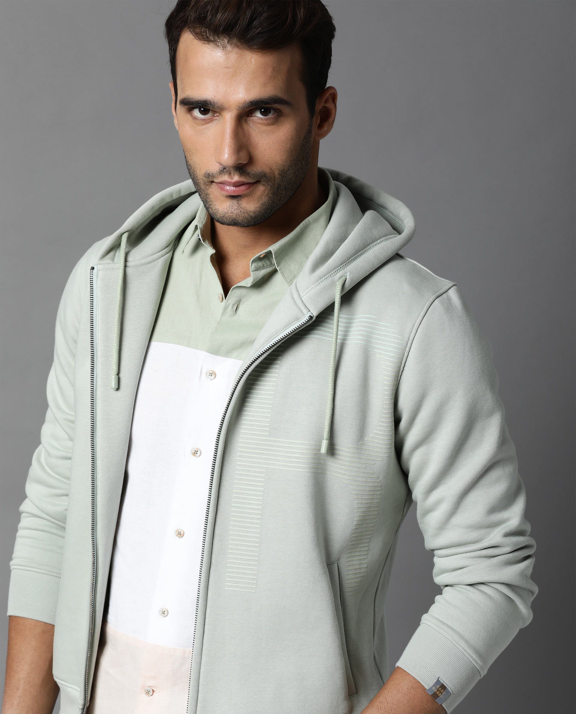 Rare Rabbit Men's Brisk Green Cotton Plain Slim Fit Full Sleeve Hooded Sweatshirt - Image 2