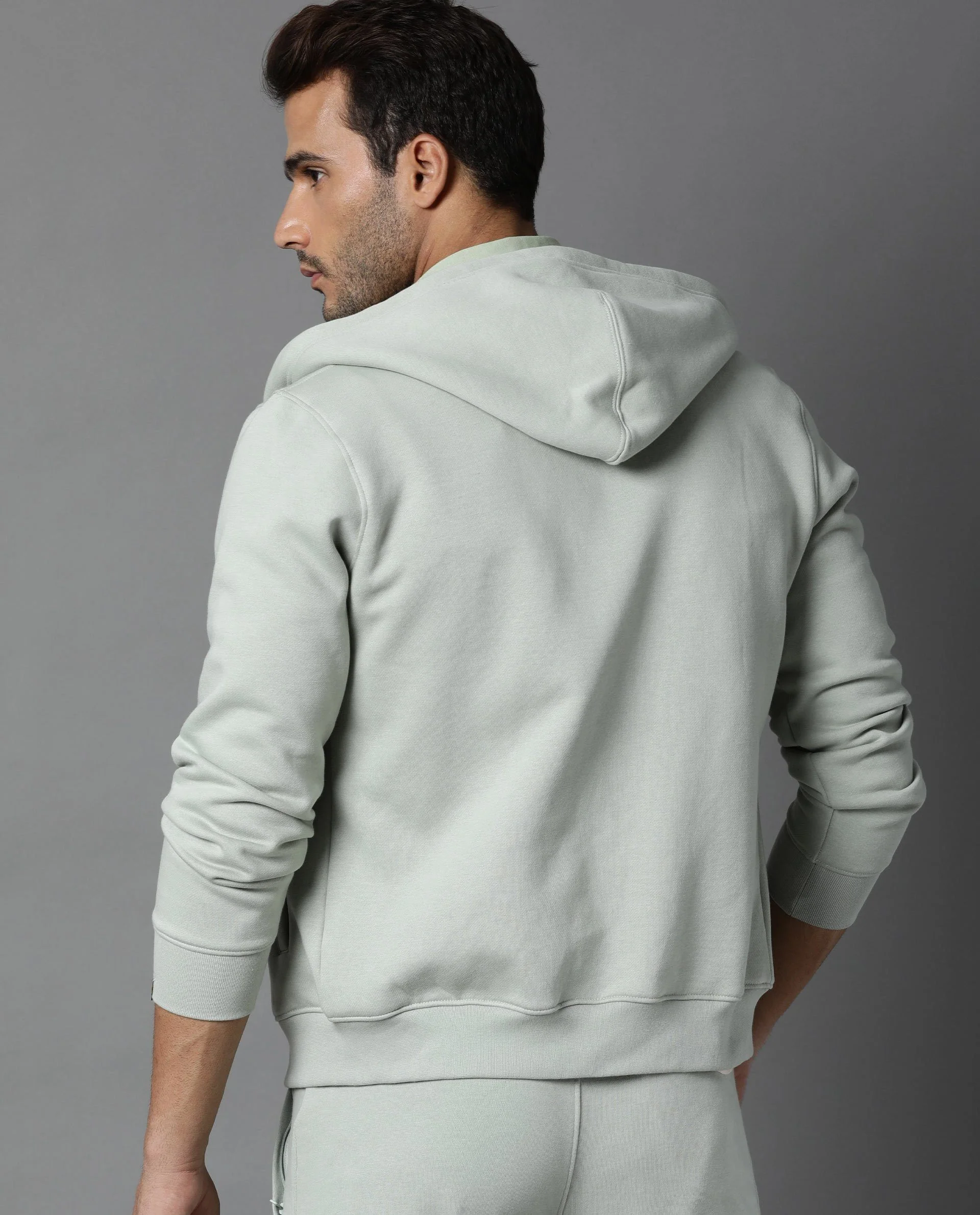 Rare Rabbit Men's Brisk Green Cotton Plain Slim Fit Full Sleeve Hooded Sweatshirt - Image 3