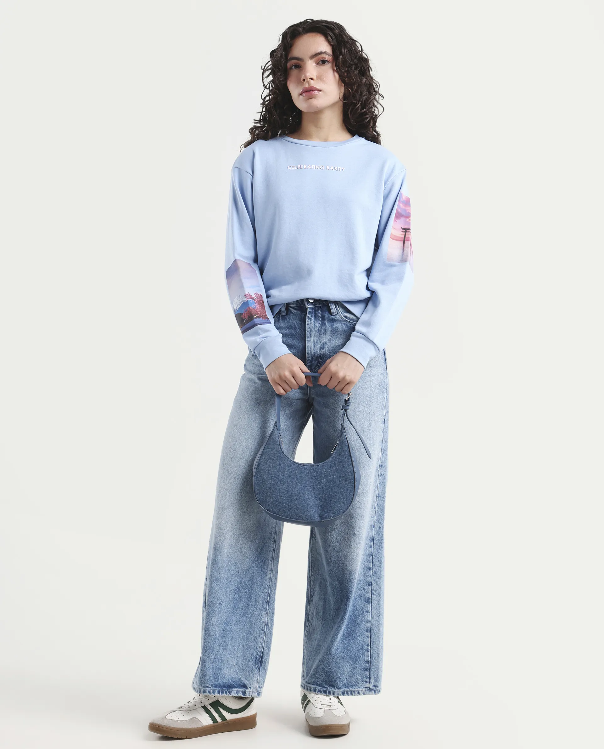 Rareism Women's Briske Light Blue Cotton Blend Crew Neck Graphic Print Relaxed Fit Sweatshirt - Image 2