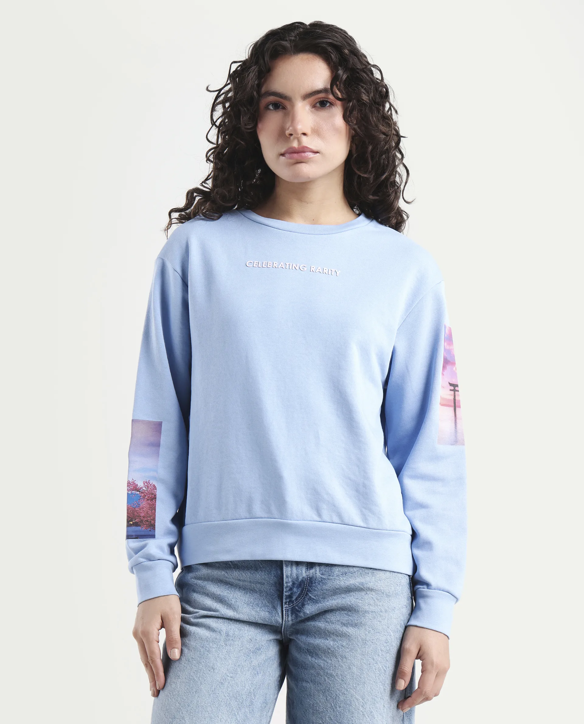 Rareism Women's Briske Light Blue Cotton Blend Crew Neck Graphic Print Relaxed Fit Sweatshirt - Image 3