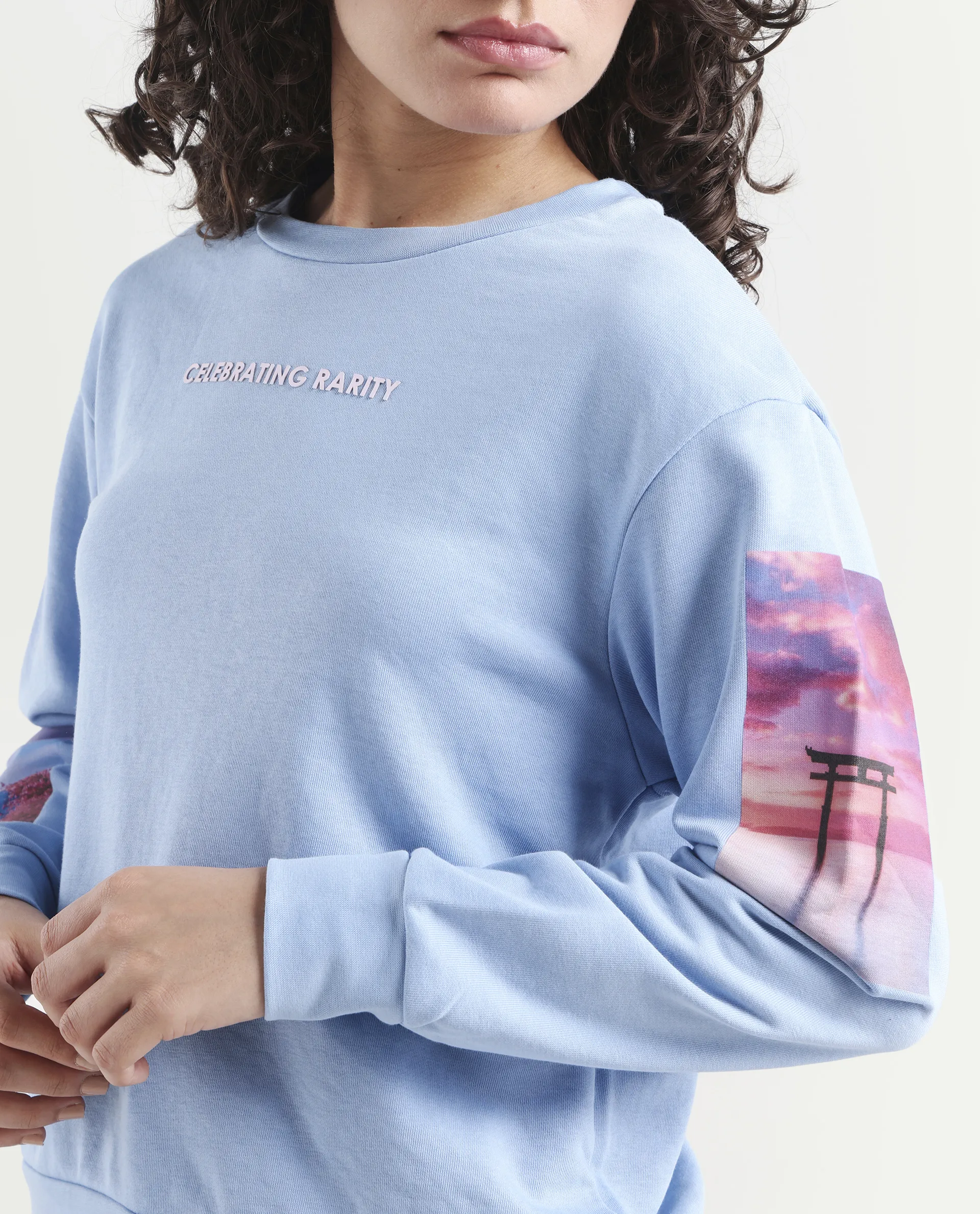 Rareism Women's Briske Light Blue Cotton Blend Crew Neck Graphic Print Relaxed Fit Sweatshirt - Image 4