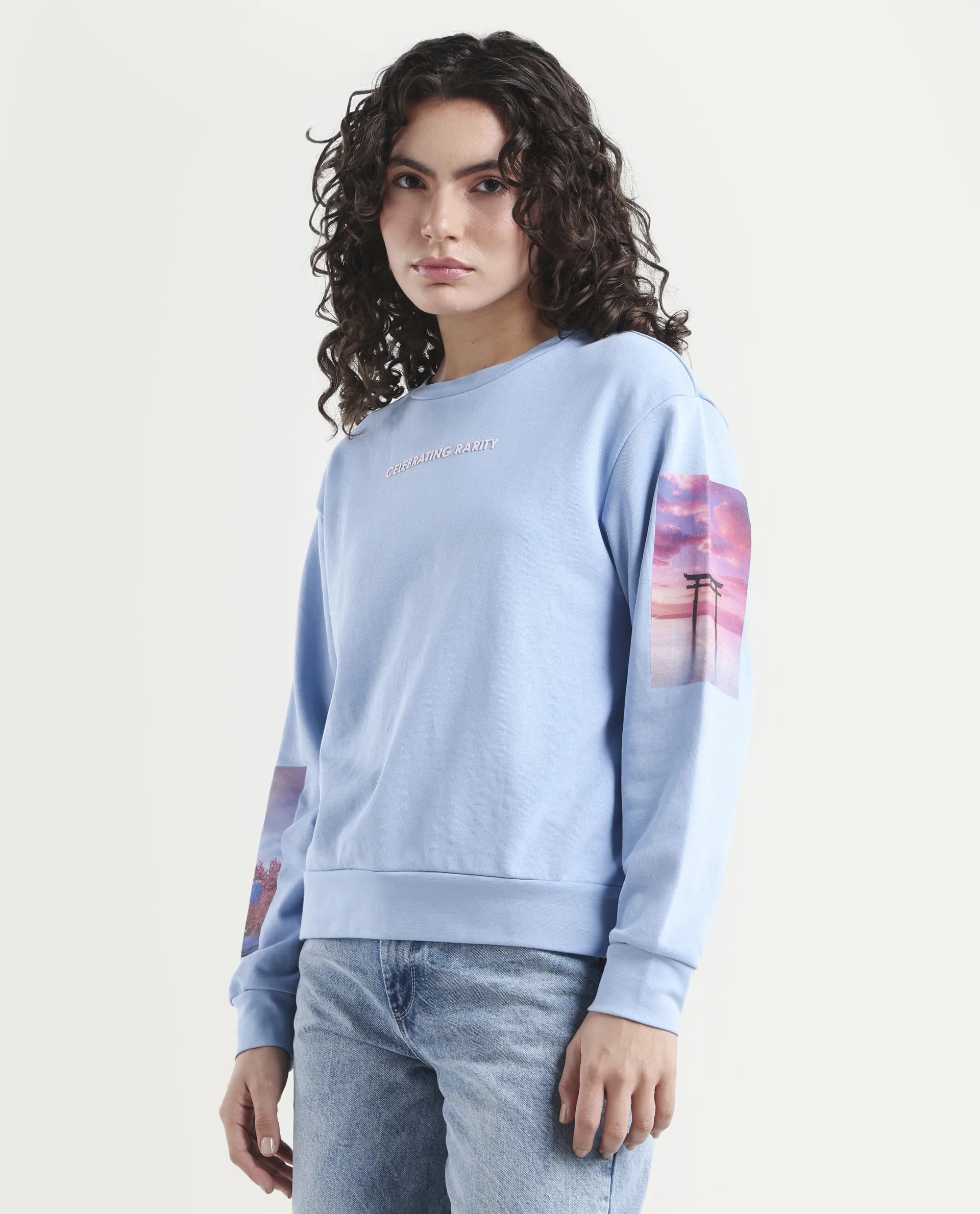 Rareism Women's Briske Light Blue Cotton Blend Crew Neck Graphic Print Relaxed Fit Sweatshirt - Image 5