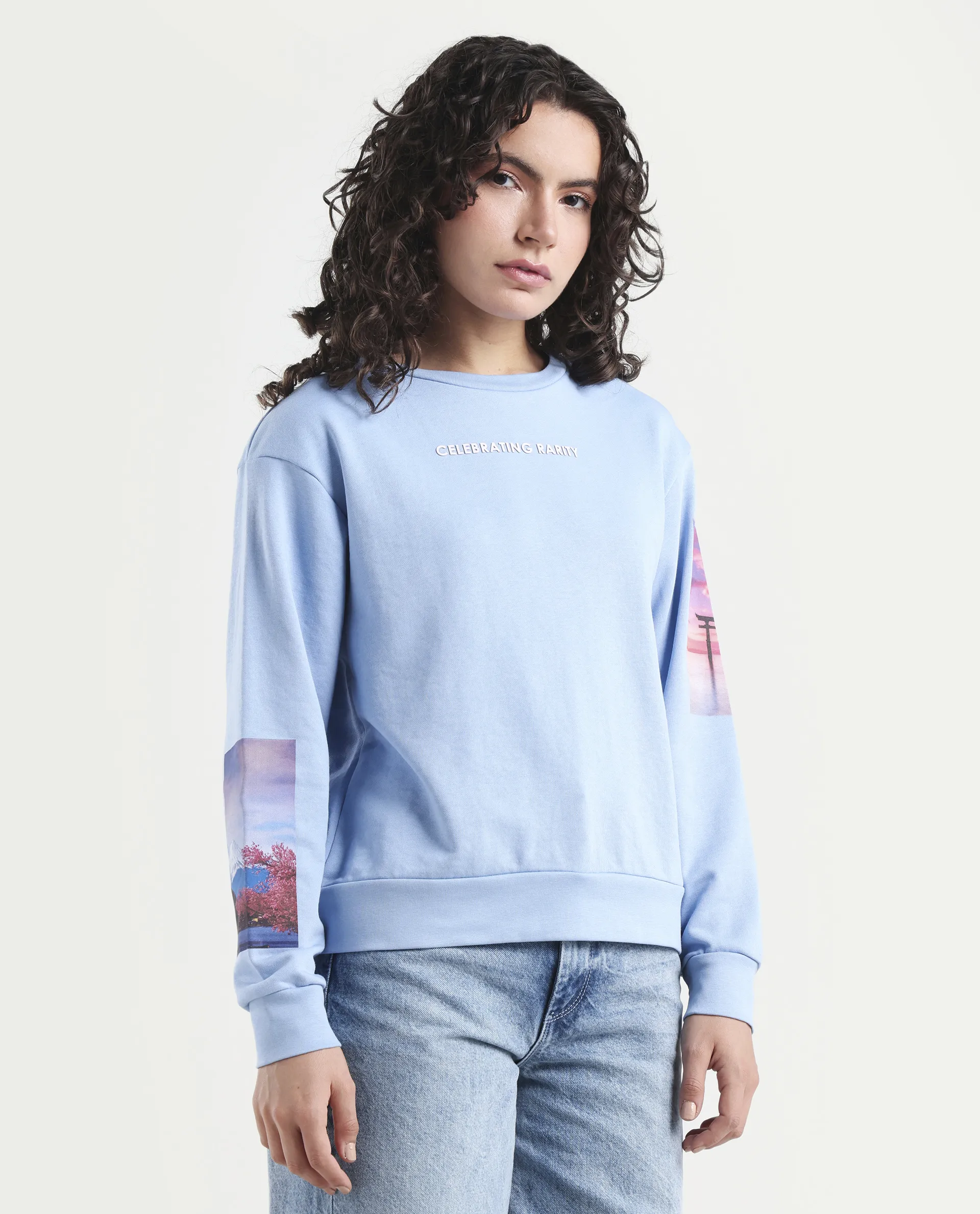 Rareism Women's Briske Light Blue Cotton Blend Crew Neck Graphic Print Relaxed Fit Sweatshirt - Image 6