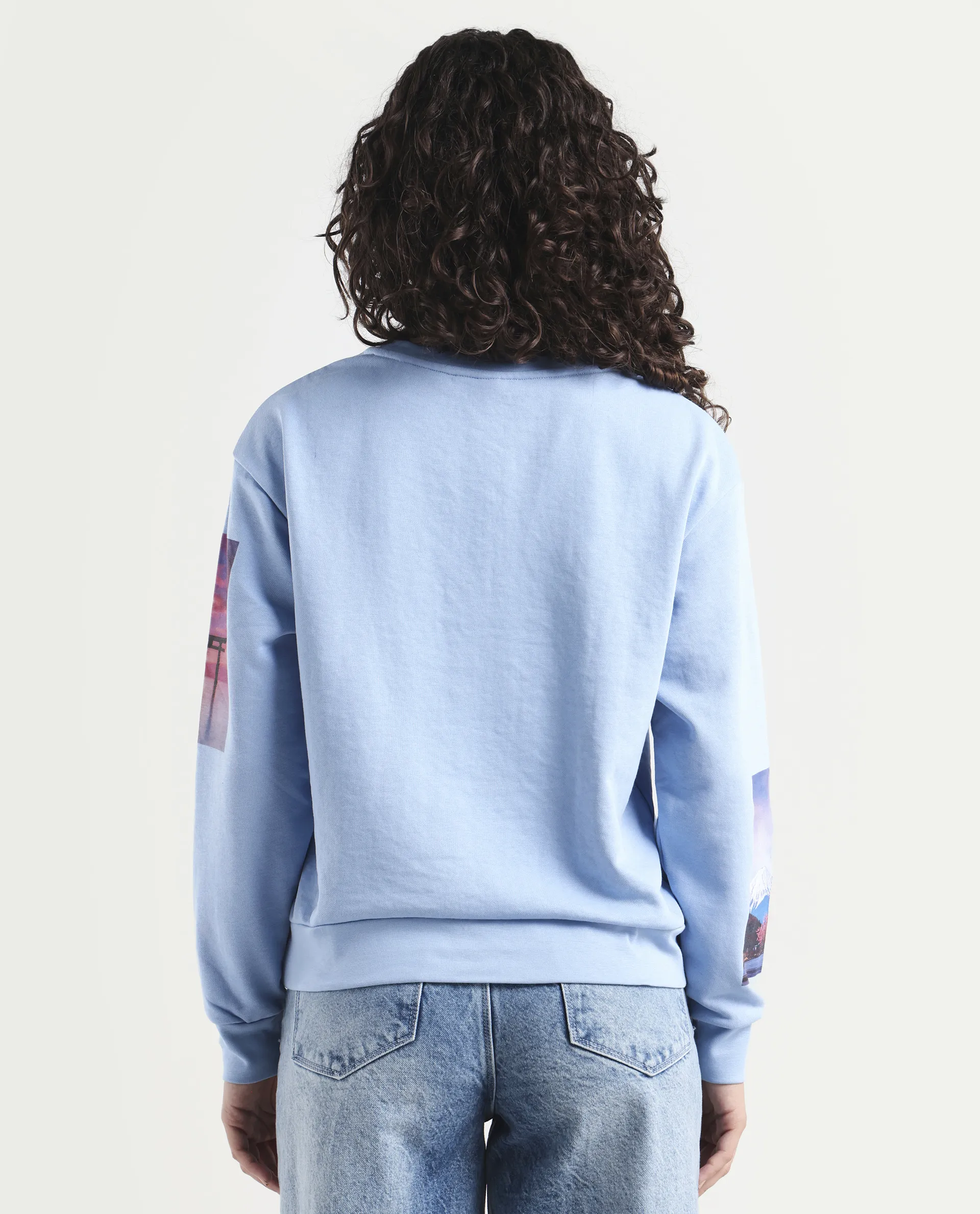 Rareism Women's Briske Light Blue Cotton Blend Crew Neck Graphic Print Relaxed Fit Sweatshirt - Image 7