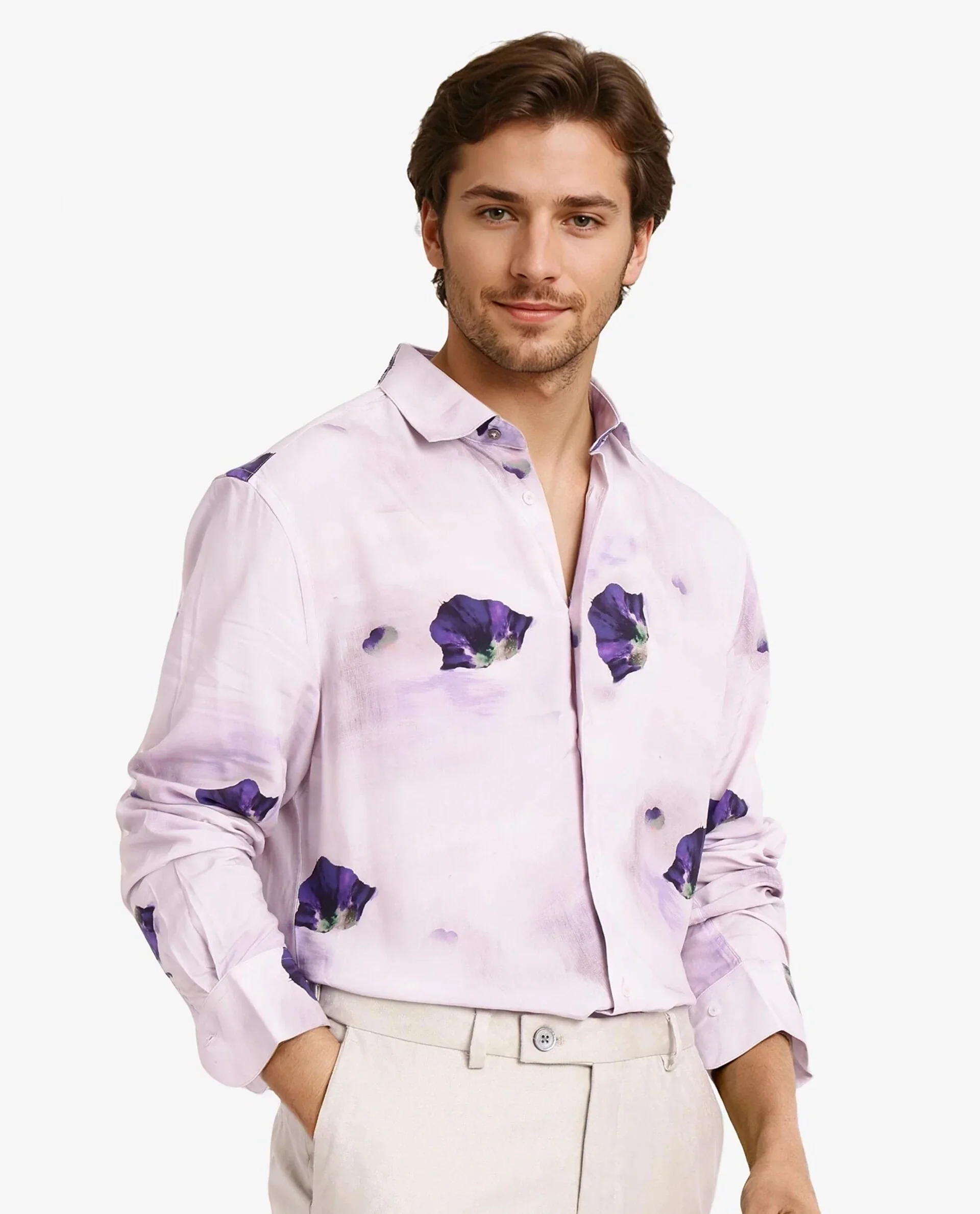 Rare Rabbit Men's Brixo Pastel Purple Viscose Floral Print Regular Fit Full Sleeve Collared Shirt - Image 5