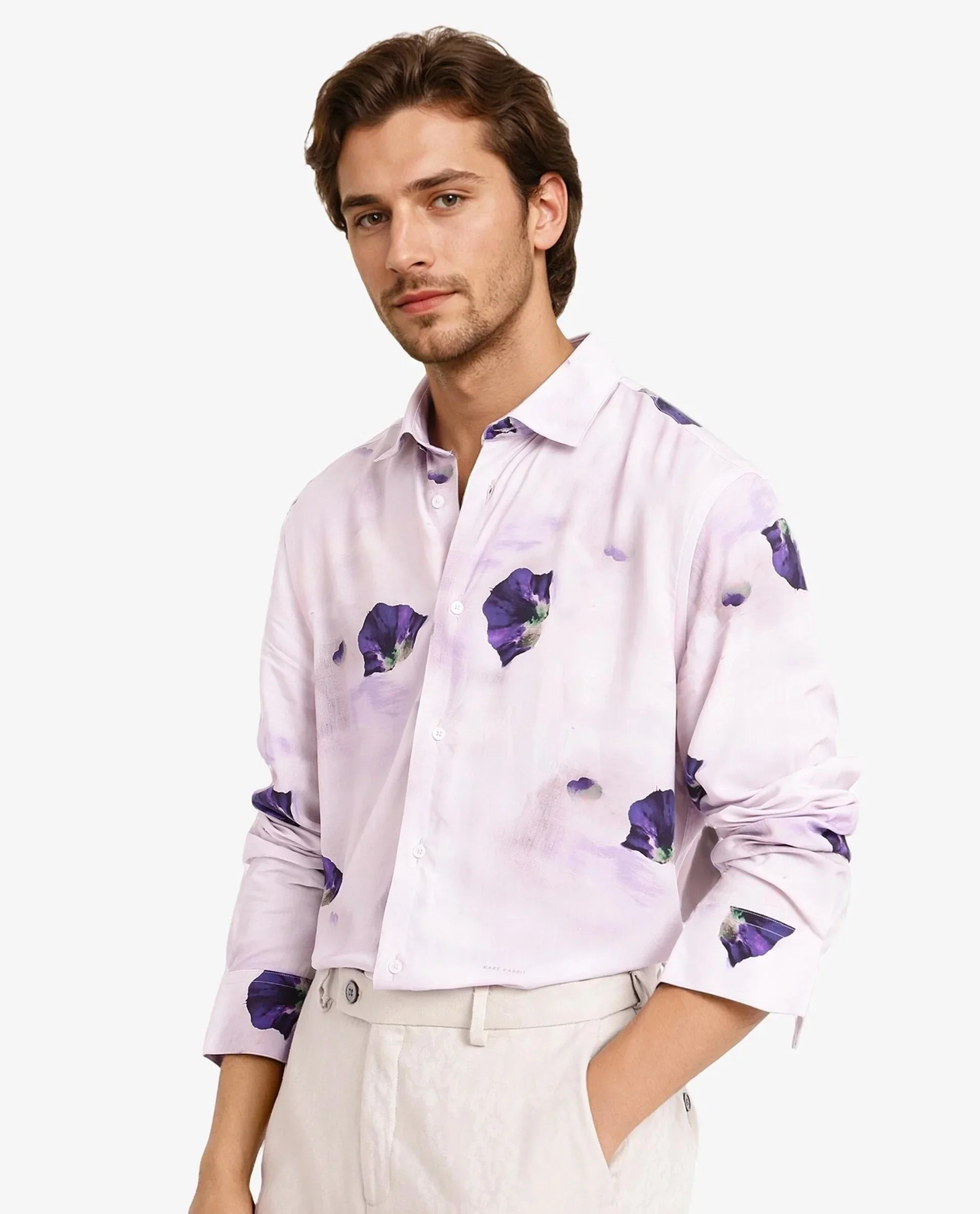Rare Rabbit Men's Brixo Pastel Purple Viscose Floral Print Regular Fit Full Sleeve Collared Shirt - Image 6