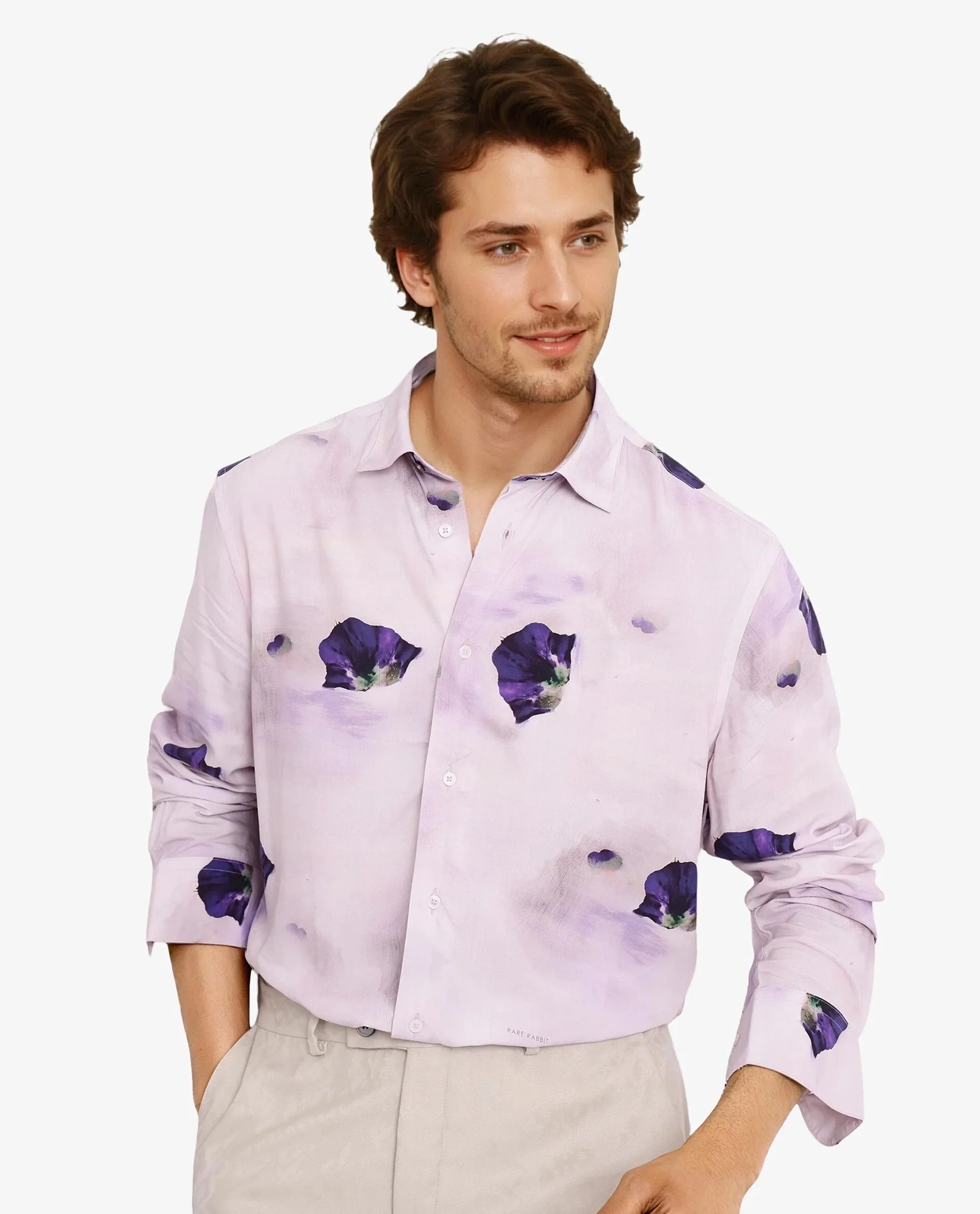 Rare Rabbit Men's Brixo Pastel Purple Viscose Floral Print Regular Fit Full Sleeve Collared Shirt - Image 7