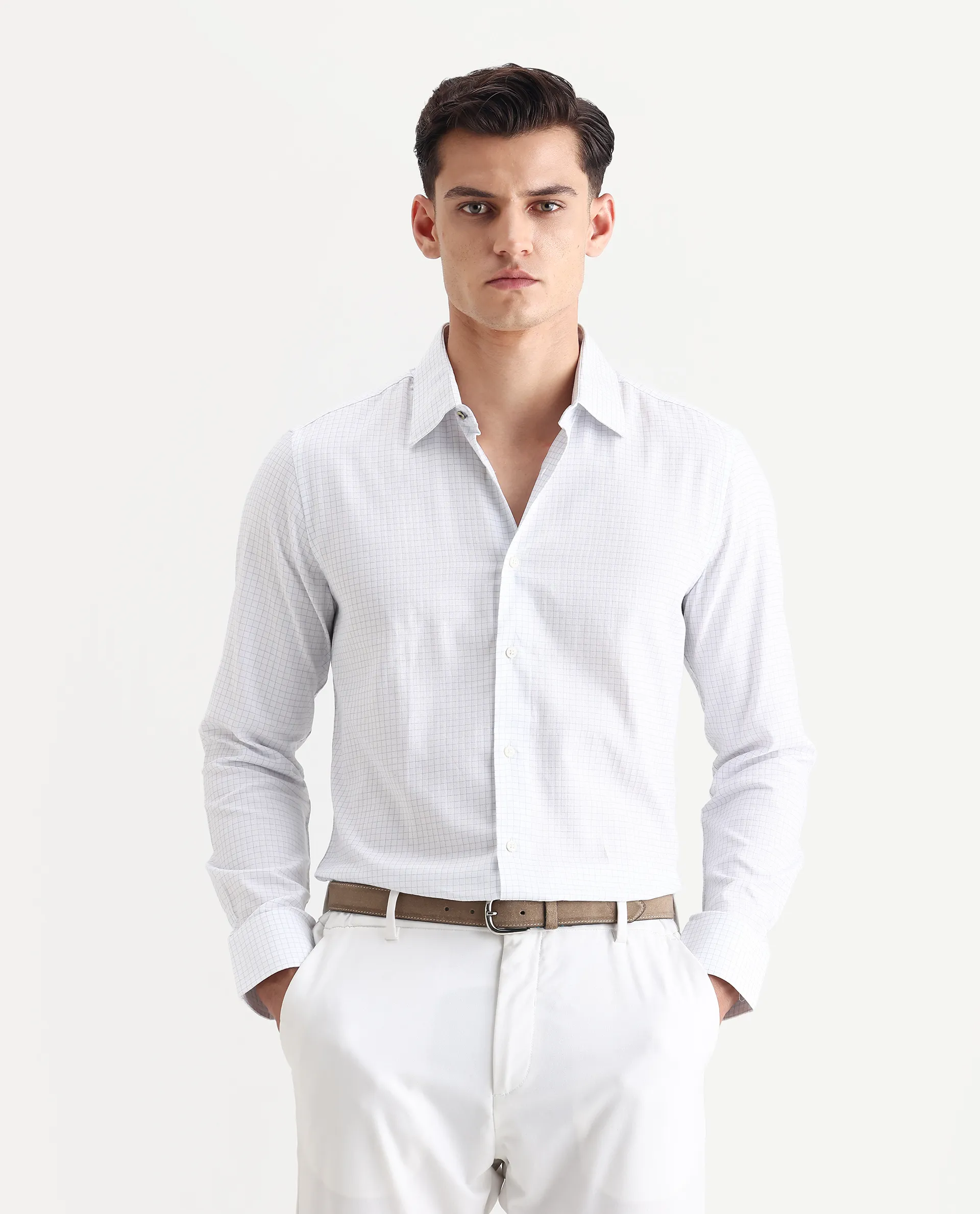 Rare Rabbit Men's Broad White Cotton Checked Print Regular Fit Full Sleeve Collared Shirt