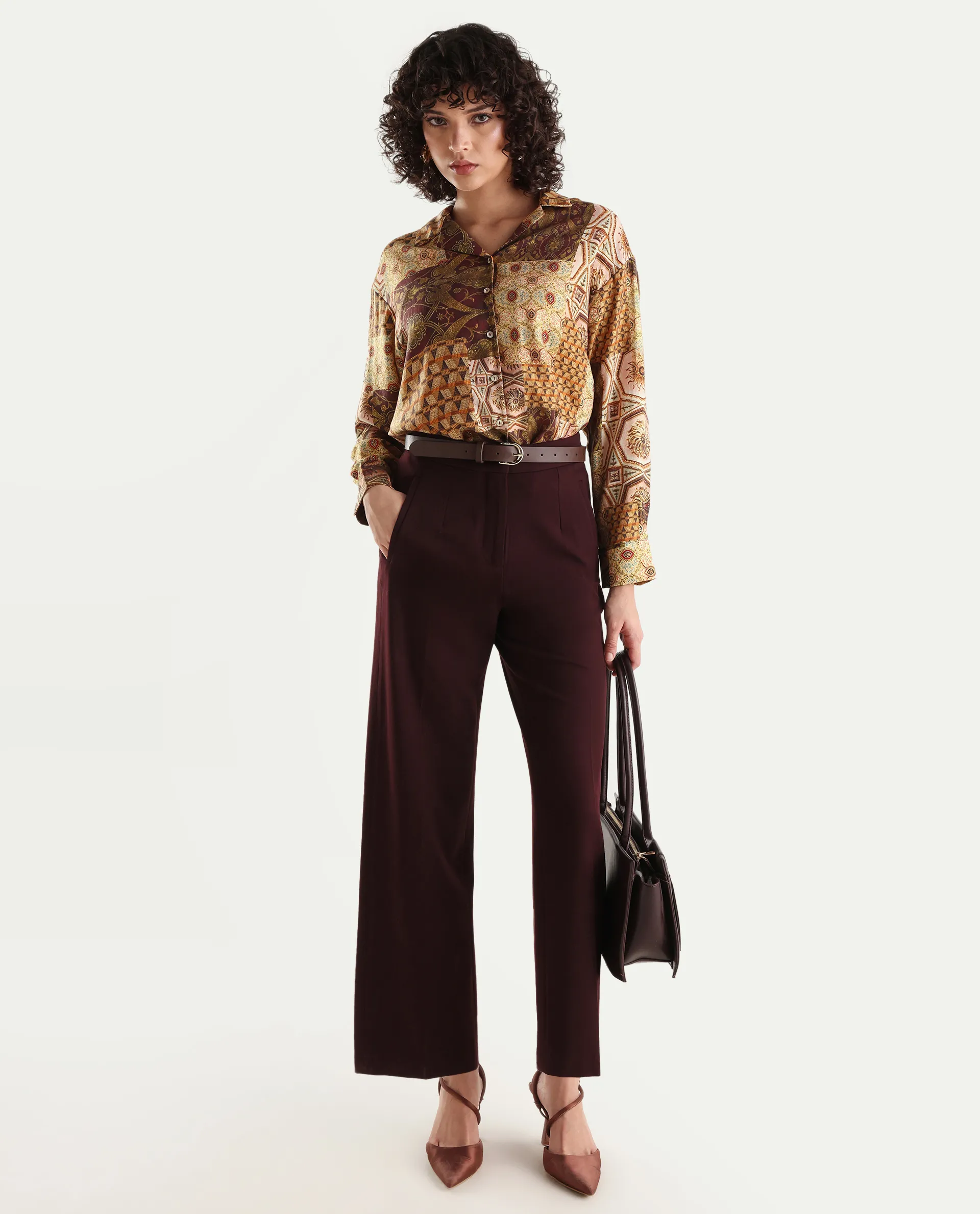Rareism Women's Broadway Brown Poplin Lapel Neck Abstract Print Cuffed Sleeve Relaxed Fit Top - Image 2