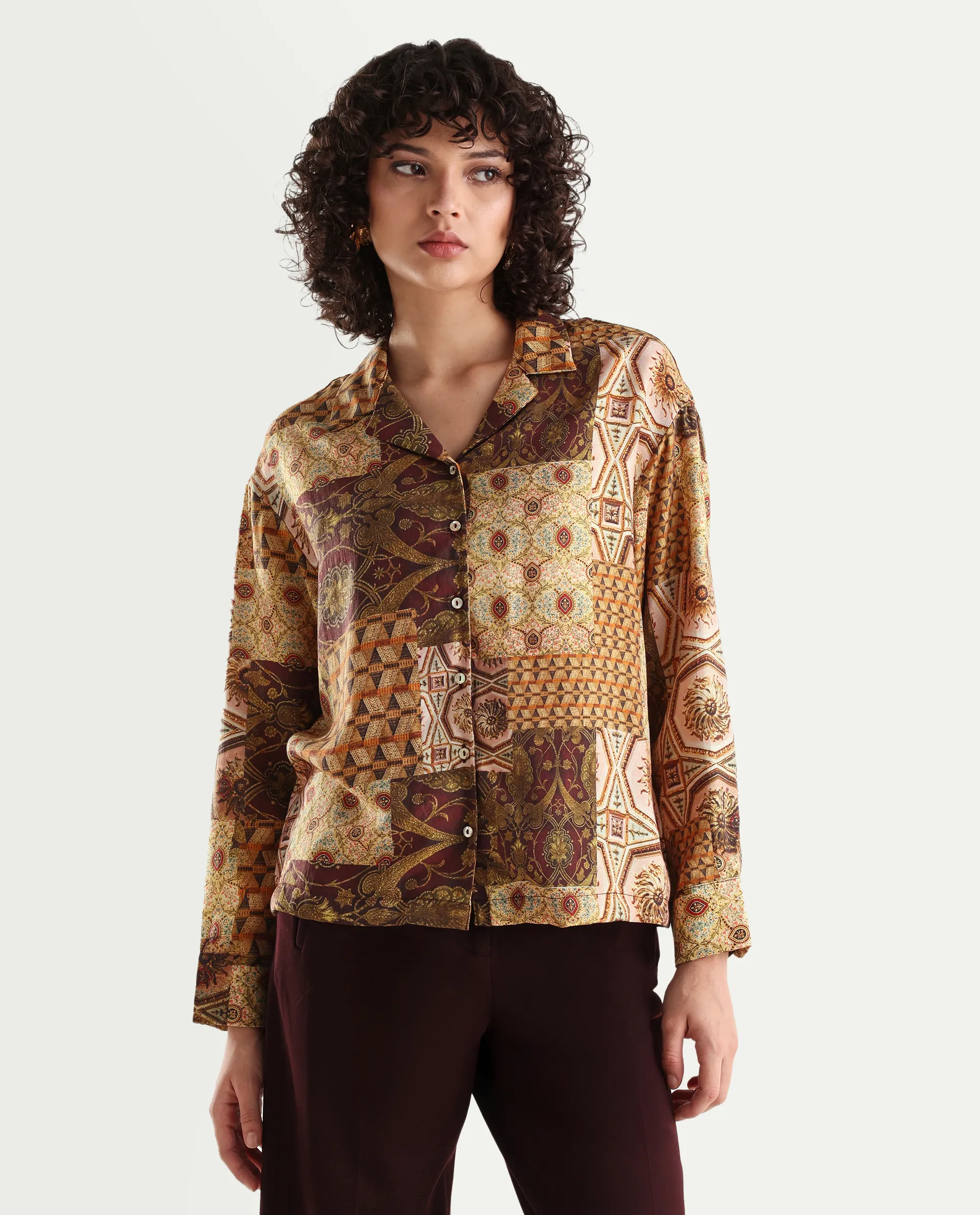 Rareism Women's Broadway Brown Poplin Lapel Neck Abstract Print Cuffed Sleeve Relaxed Fit Top - Image 3