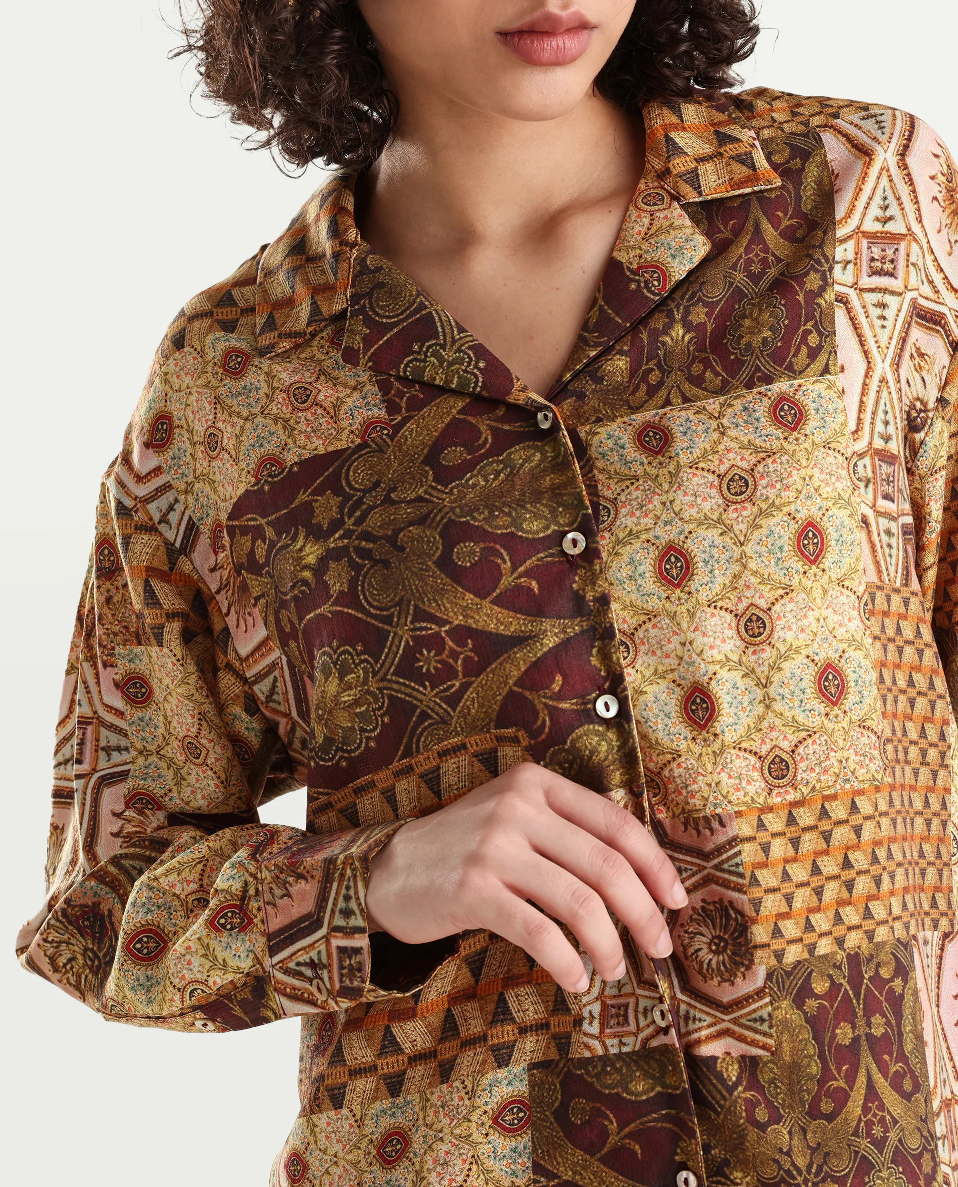 Rareism Women's Broadway Brown Poplin Lapel Neck Abstract Print Cuffed Sleeve Relaxed Fit Top - Image 4