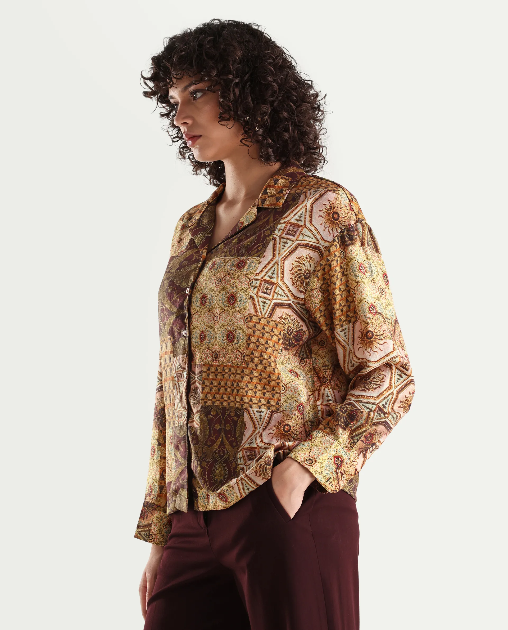 Rareism Women's Broadway Brown Poplin Lapel Neck Abstract Print Cuffed Sleeve Relaxed Fit Top - Image 5