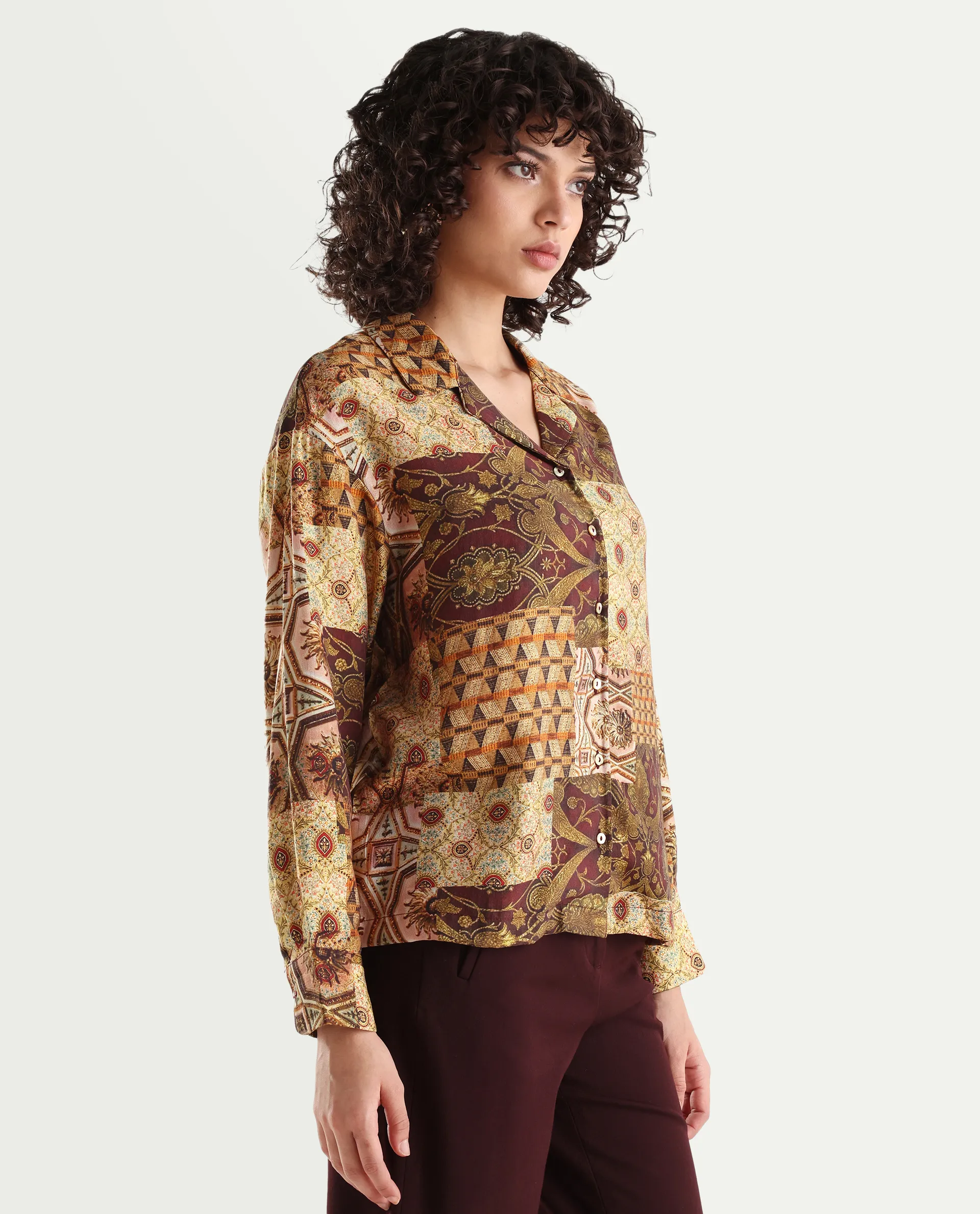 Rareism Women's Broadway Brown Poplin Lapel Neck Abstract Print Cuffed Sleeve Relaxed Fit Top - Image 6