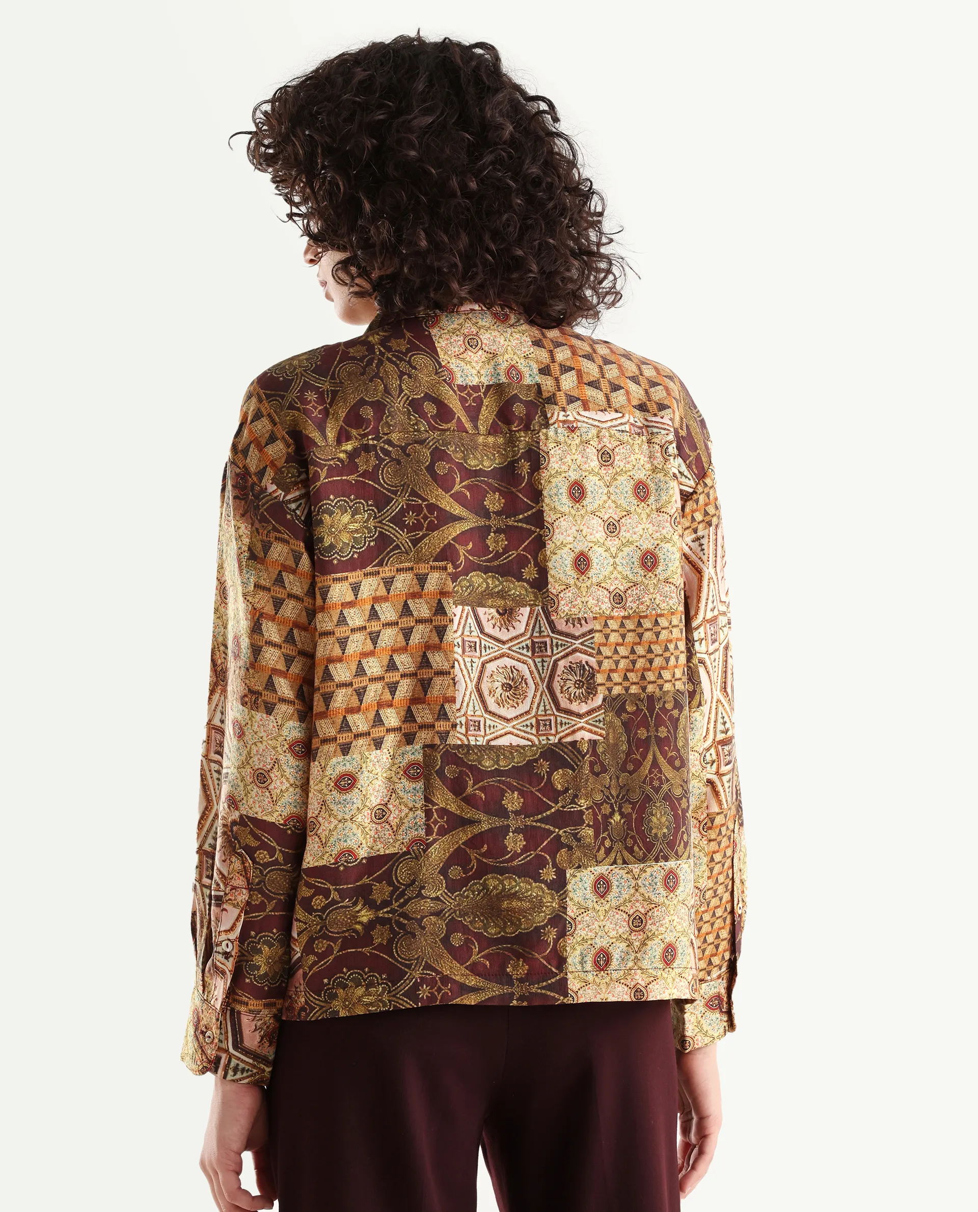 Rareism Women's Broadway Brown Poplin Lapel Neck Abstract Print Cuffed Sleeve Relaxed Fit Top - Image 7