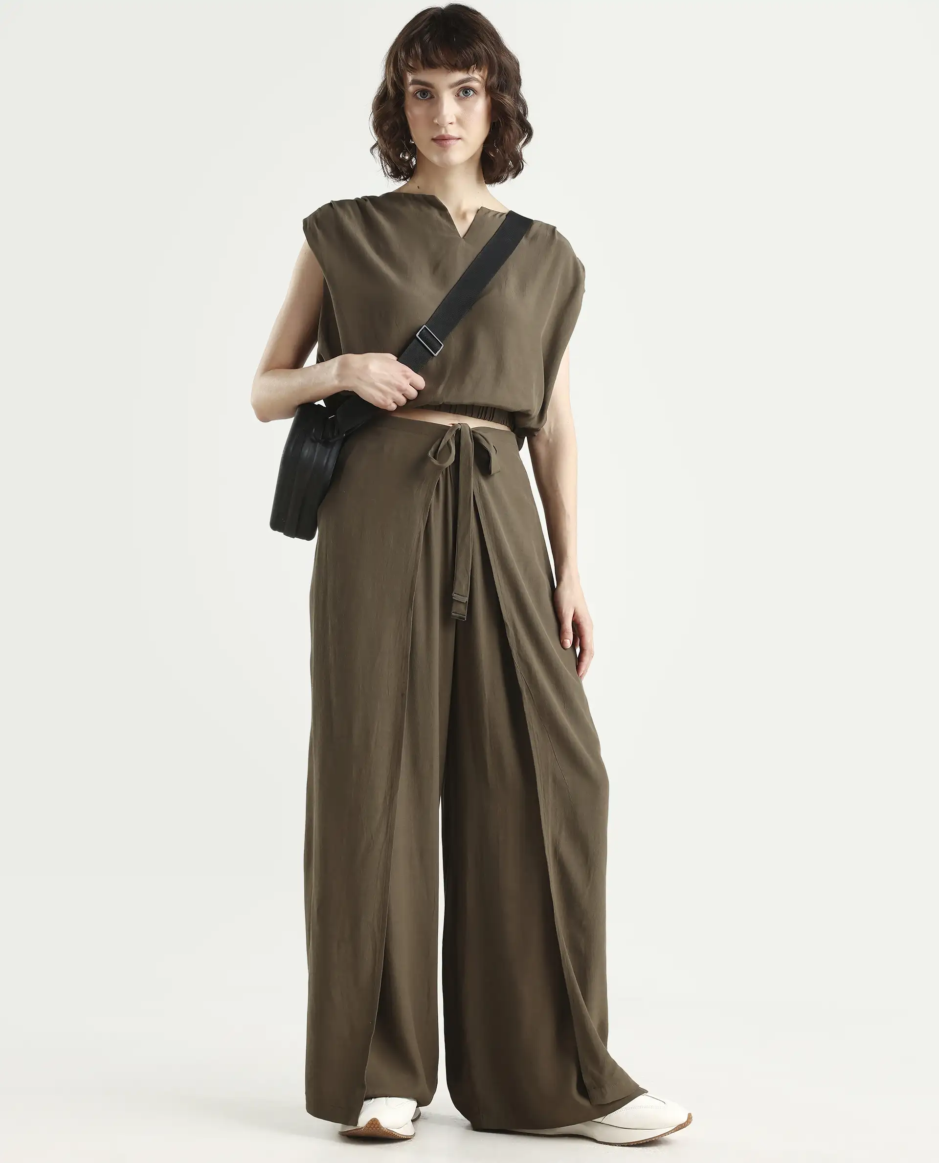 Rareism Women's Brodie-B Olive Rayon Plain Ankle Length Wide Trouser