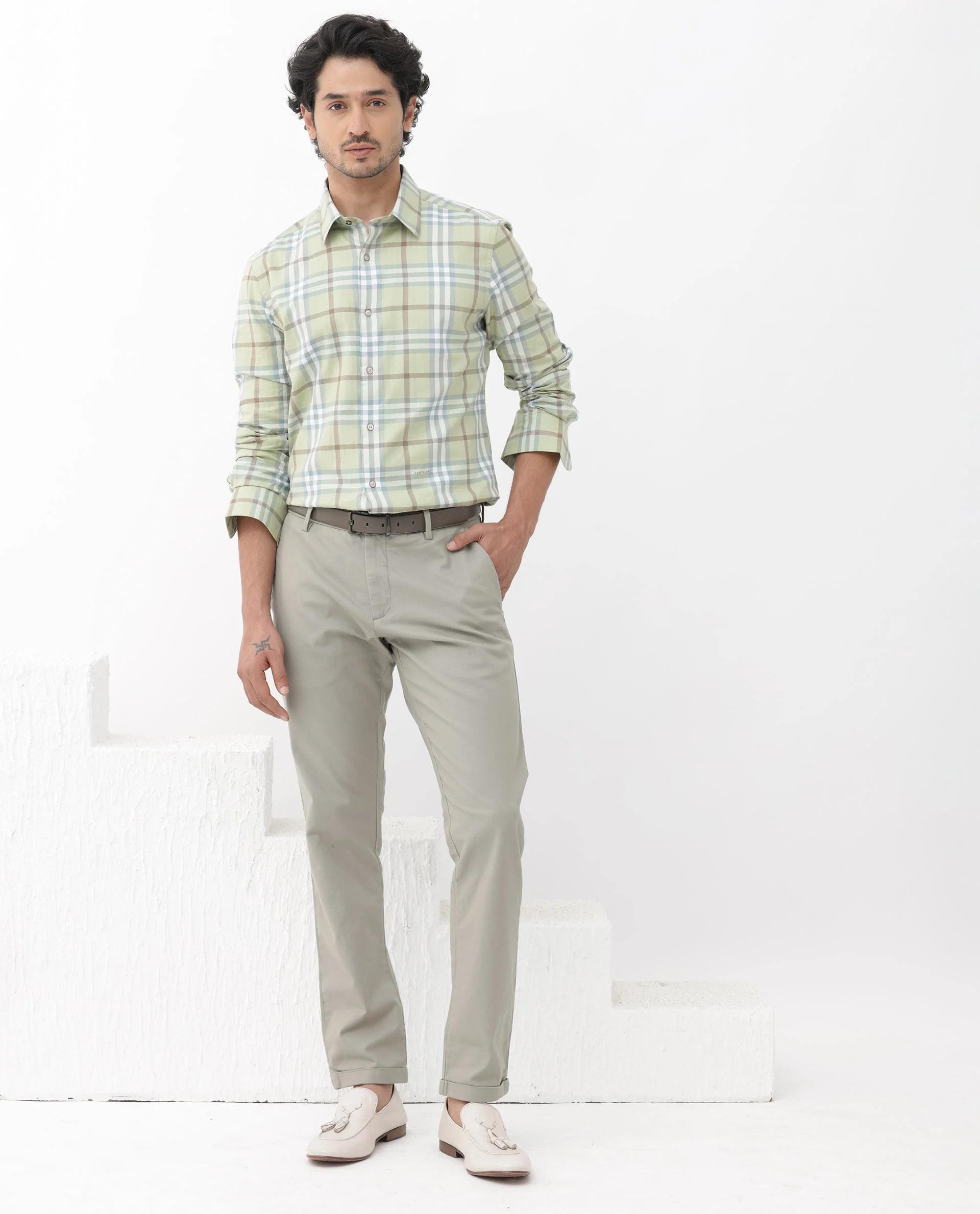 Rare Rabbit Men's Brody Dusky Green Cotton Checked Print Regular Fit Full Sleeve Collared Shirt - Image 2