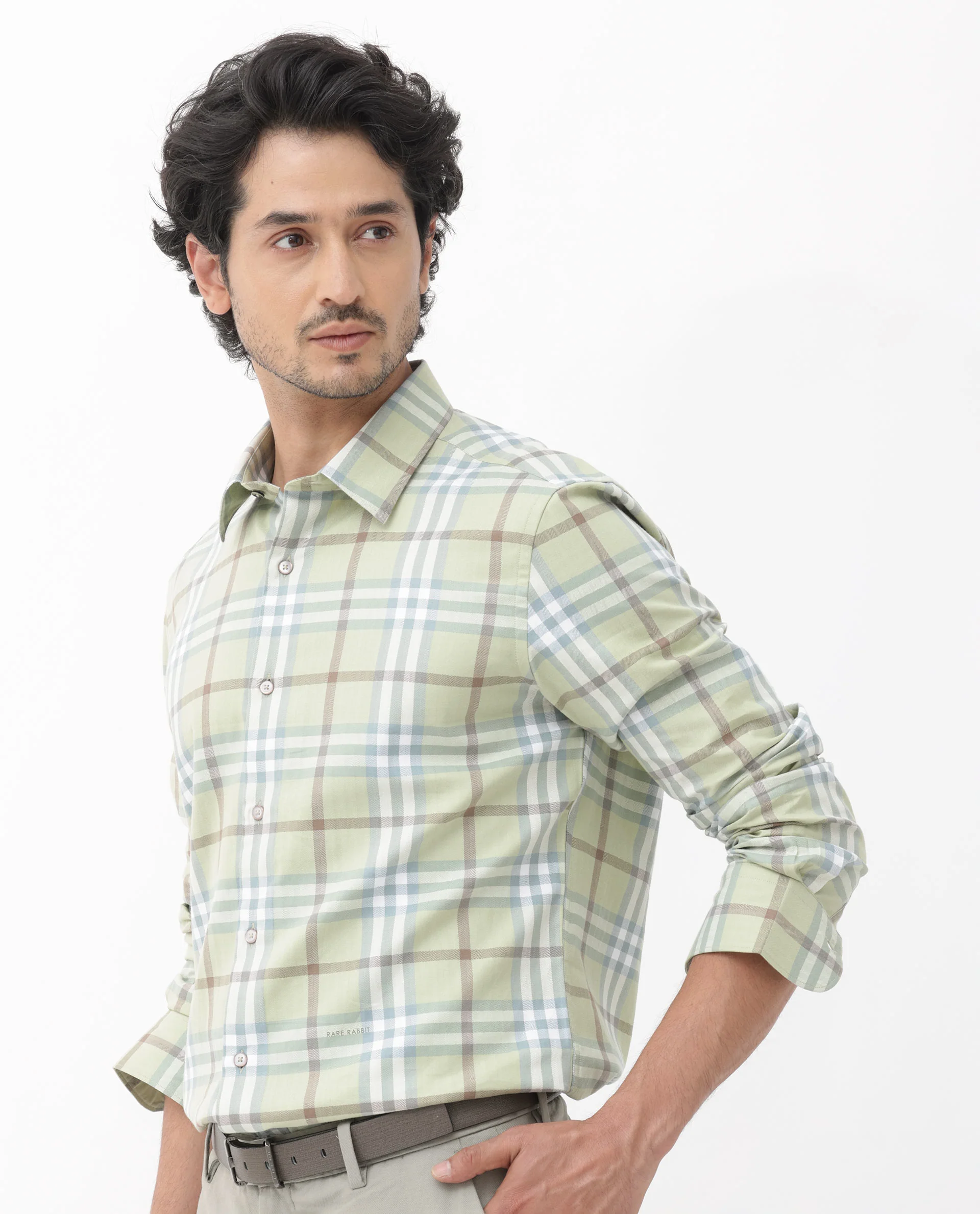 Rare Rabbit Men's Brody Dusky Green Cotton Checked Print Regular Fit Full Sleeve Collared Shirt - Image 3
