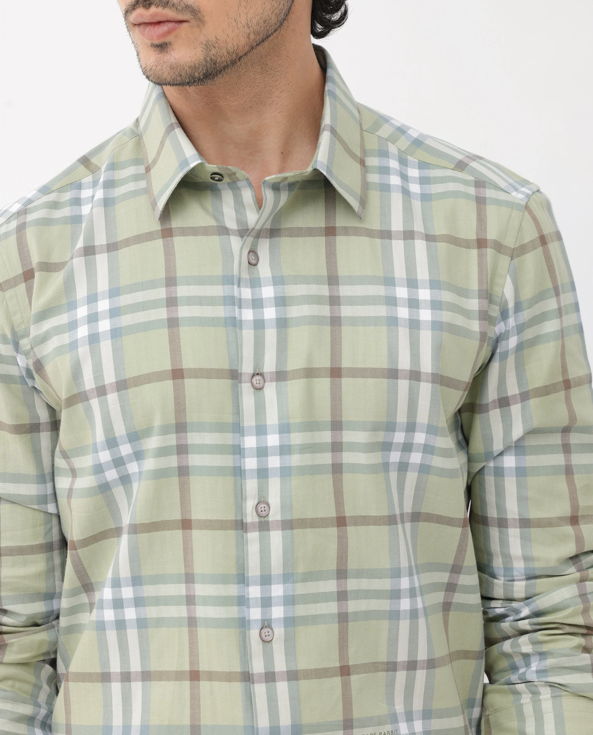 Rare Rabbit Men's Brody Dusky Green Cotton Checked Print Regular Fit Full Sleeve Collared Shirt - Image 5