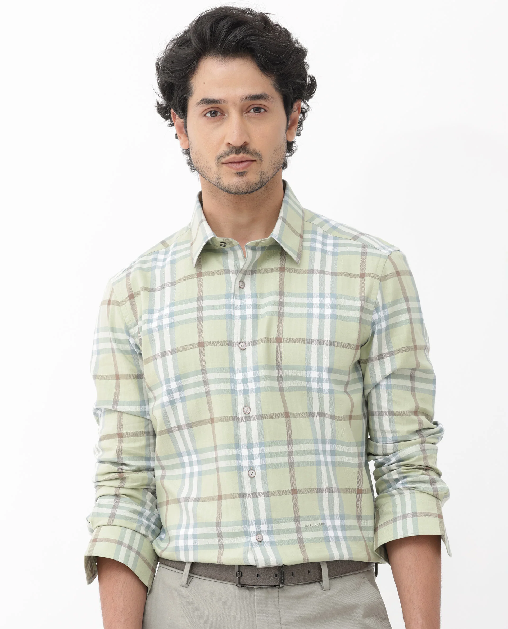 Rare Rabbit Men's Brody Dusky Green Cotton Checked Print Regular Fit Full Sleeve Collared Shirt - Image 6