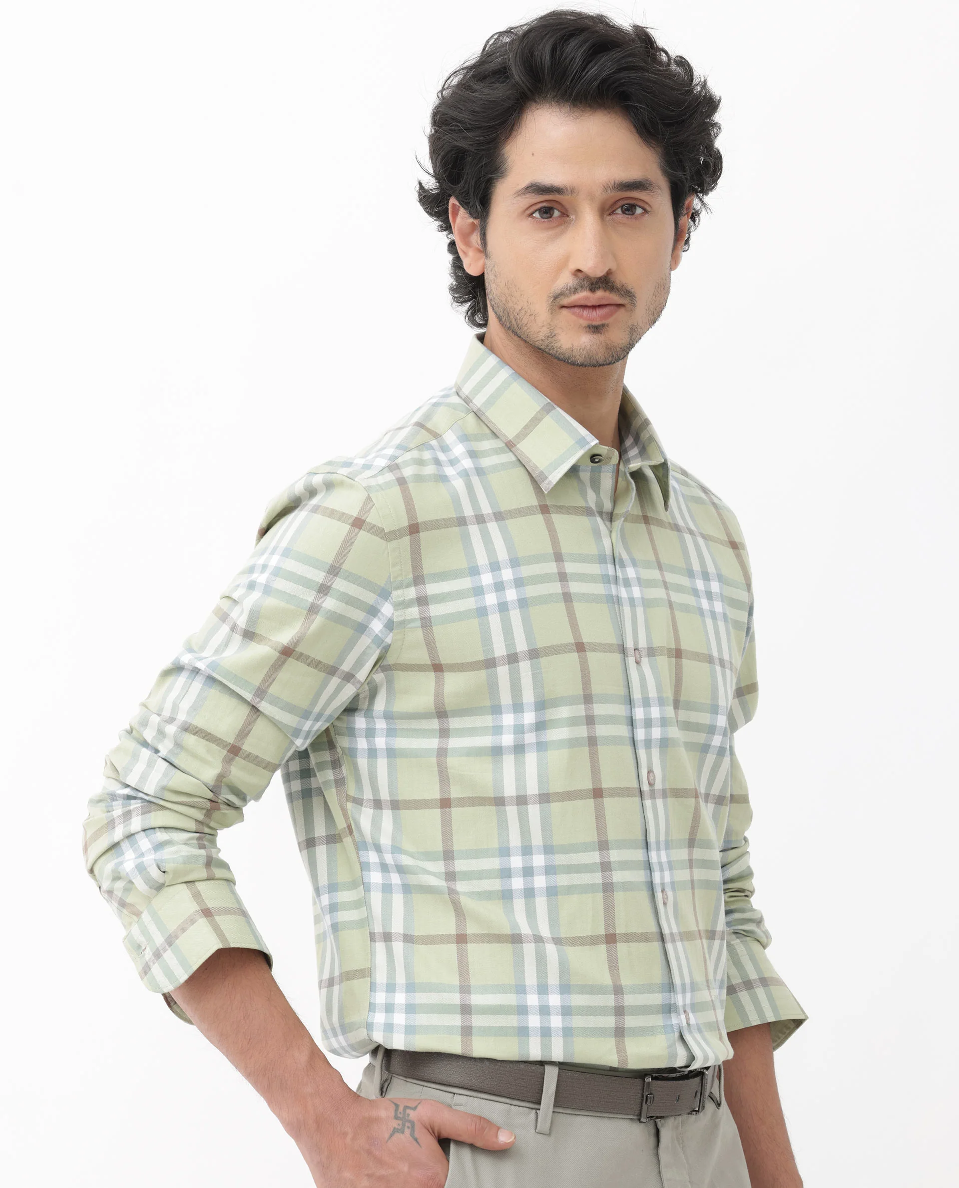 Rare Rabbit Men's Brody Dusky Green Cotton Checked Print Regular Fit Full Sleeve Collared Shirt - Image 9