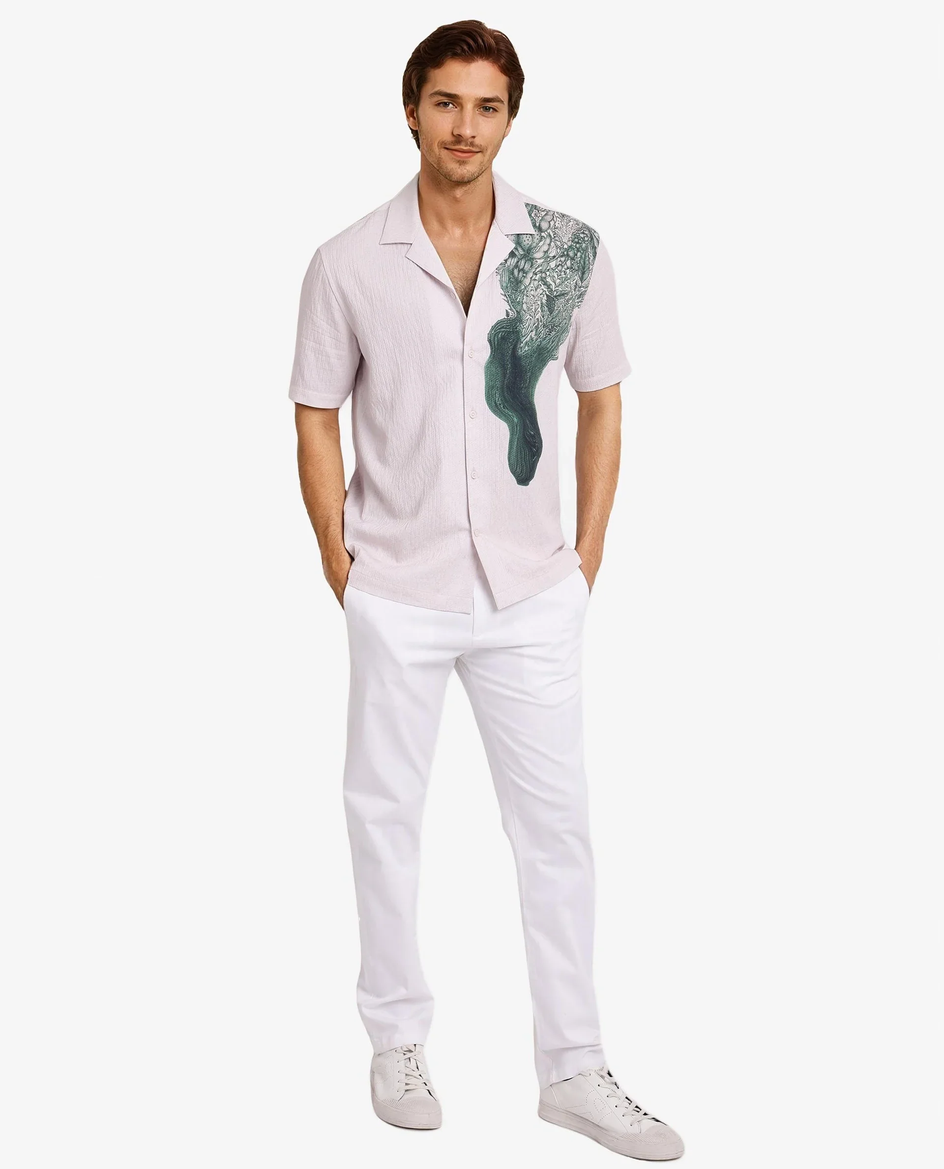 Rare Rabbit Men's Brok Pastel Pink Cotton Abstract Print Boxy Fit Half Sleeve Cuban Collar Shirt - Image 2