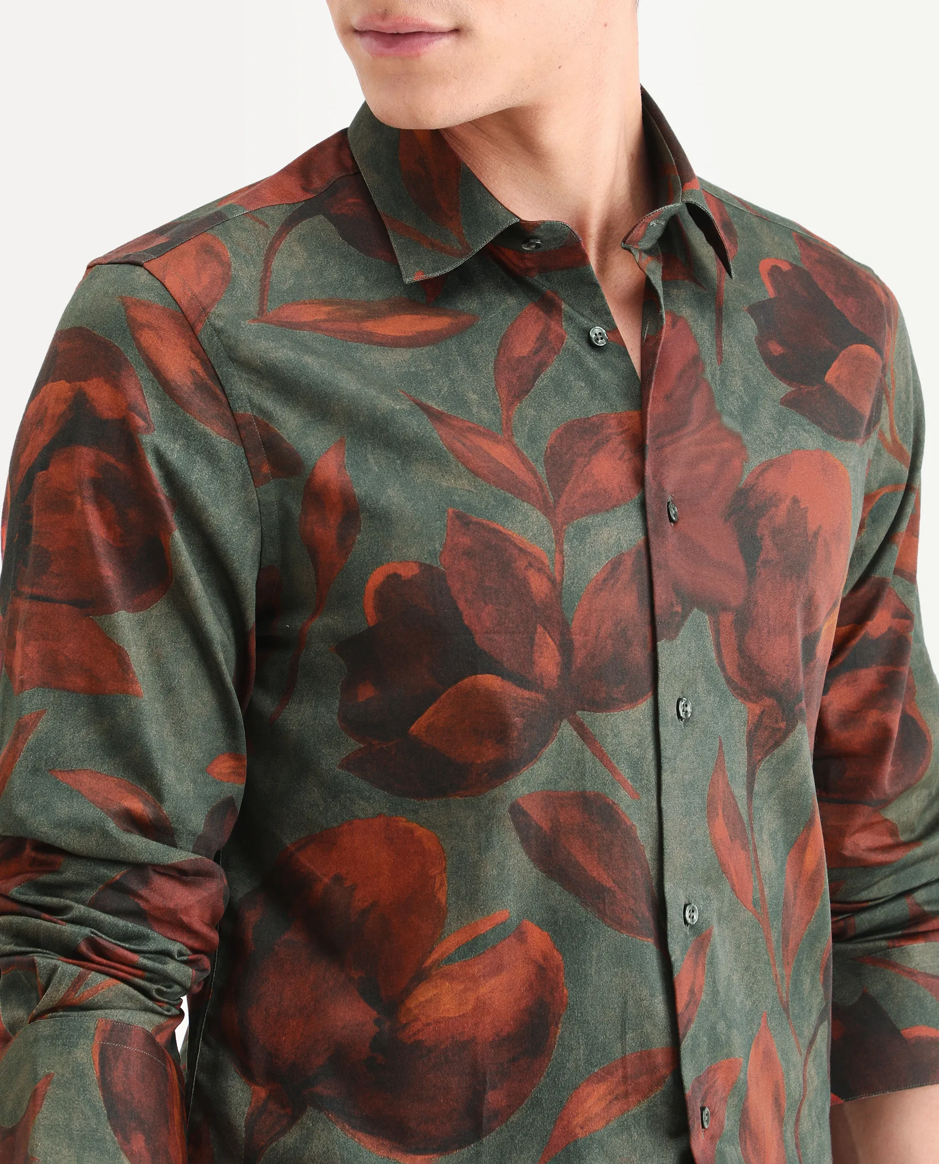 Rare Rabbit Men's Brol Dusky Green Cotton Fabric Full Sleeve Spread Collar Regular Fit Floral Print Shirt - Image 3