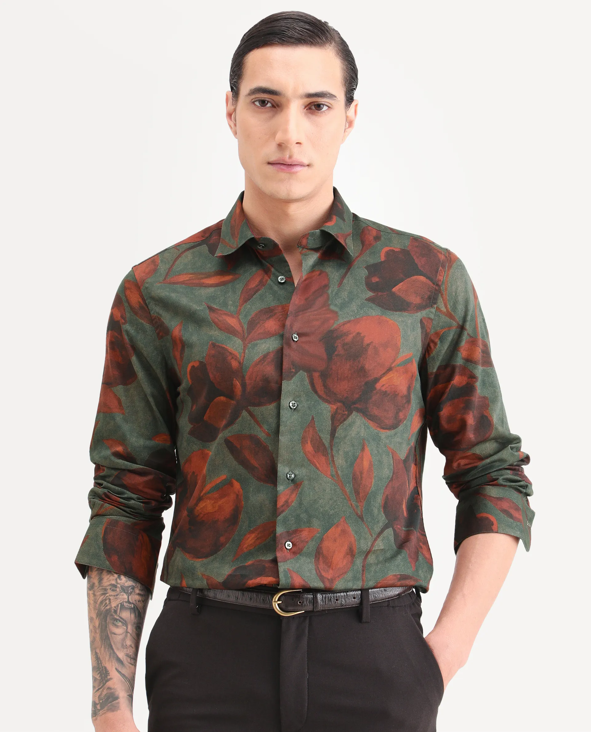 Rare Rabbit Men's Brol Dusky Green Cotton Fabric Full Sleeve Spread Collar Regular Fit Floral Print Shirt - Image 4
