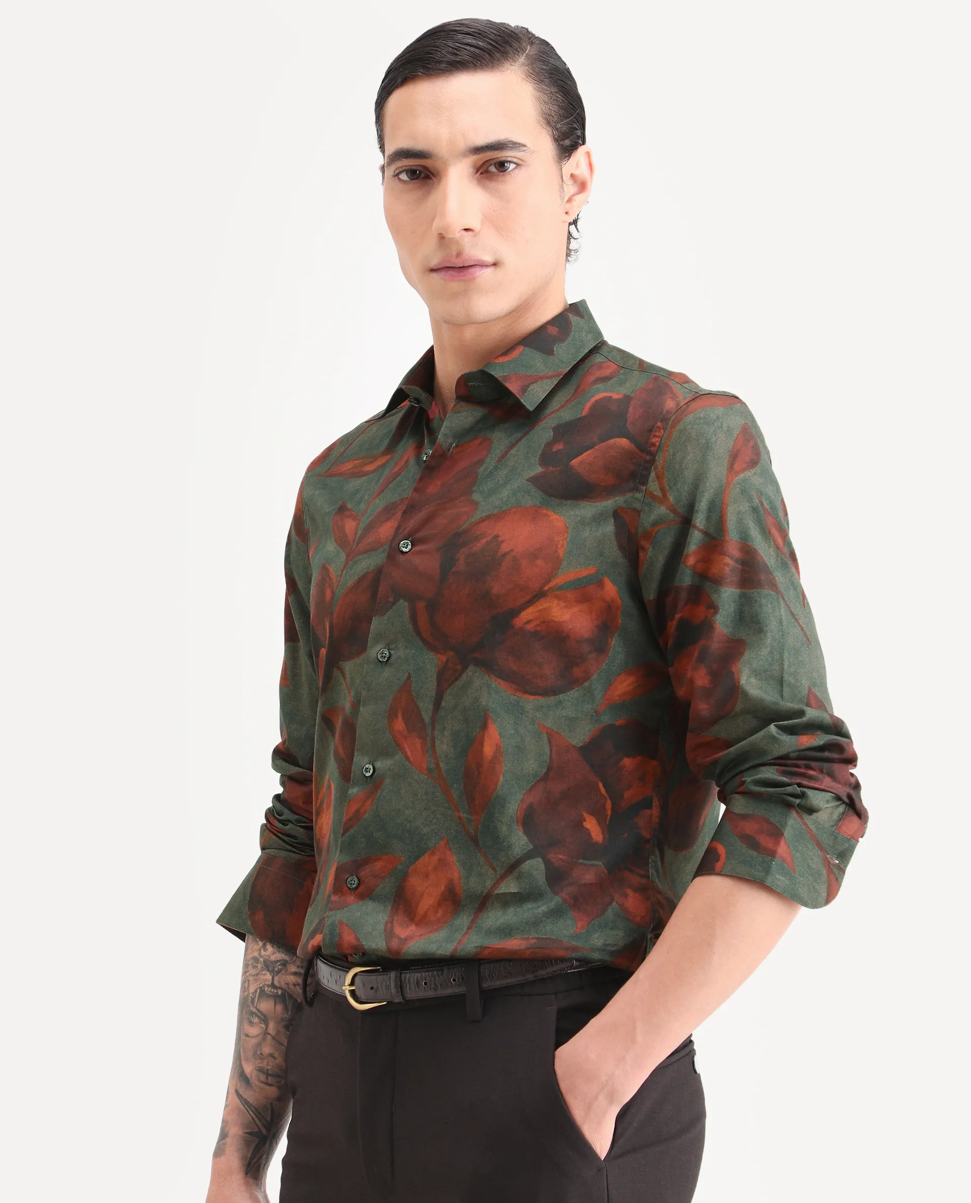 Rare Rabbit Men's Brol Dusky Green Cotton Fabric Full Sleeve Spread Collar Regular Fit Floral Print Shirt - Image 5