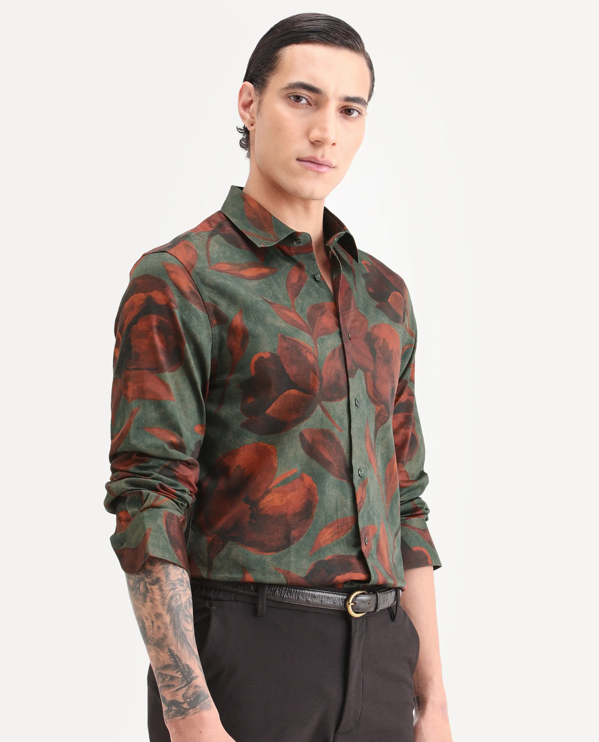 Rare Rabbit Men's Brol Dusky Green Cotton Fabric Full Sleeve Spread Collar Regular Fit Floral Print Shirt - Image 6