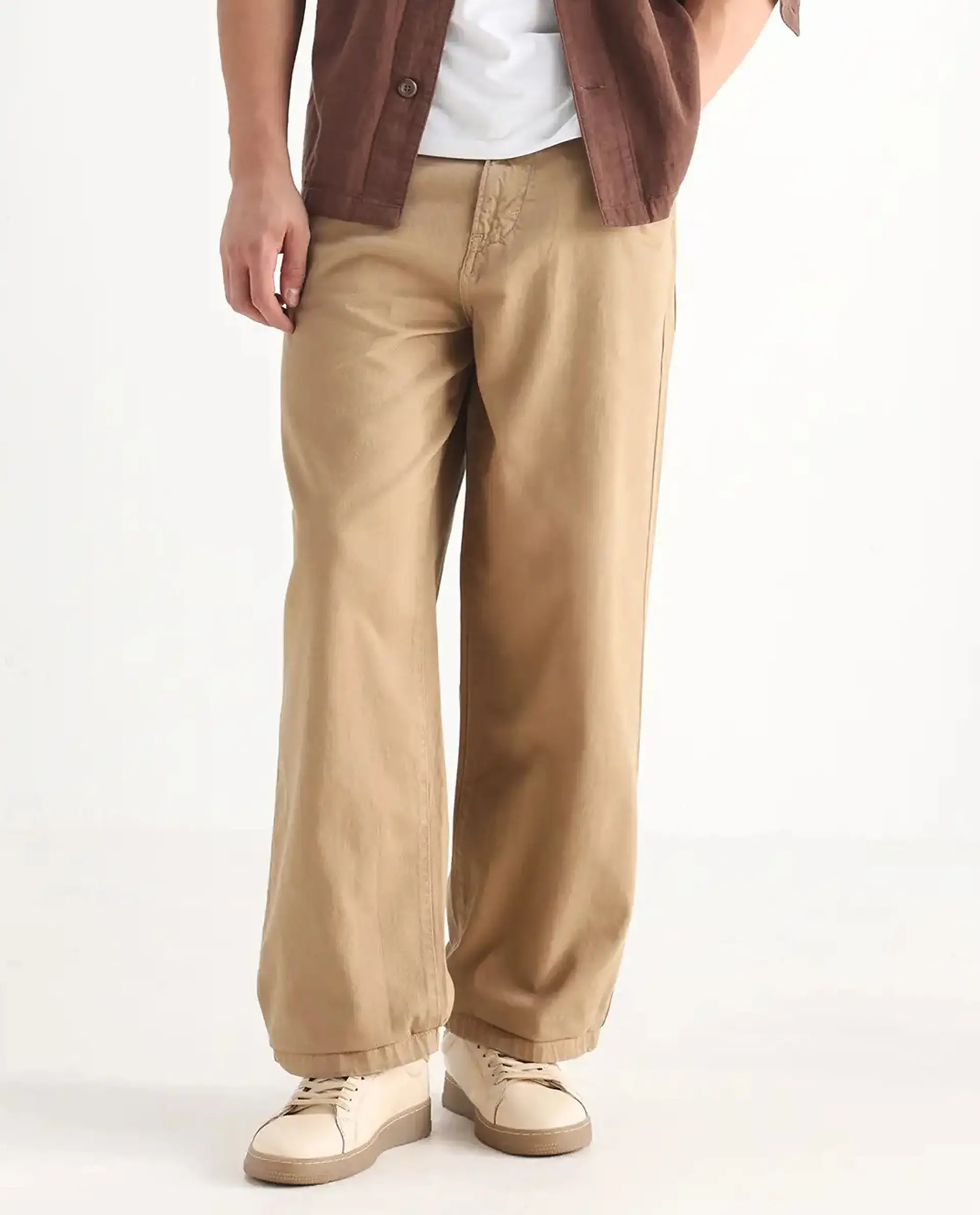 Rare Rabbit Men's Bron Beige Cotton Plain Baggy Fit Jeans - Image 10