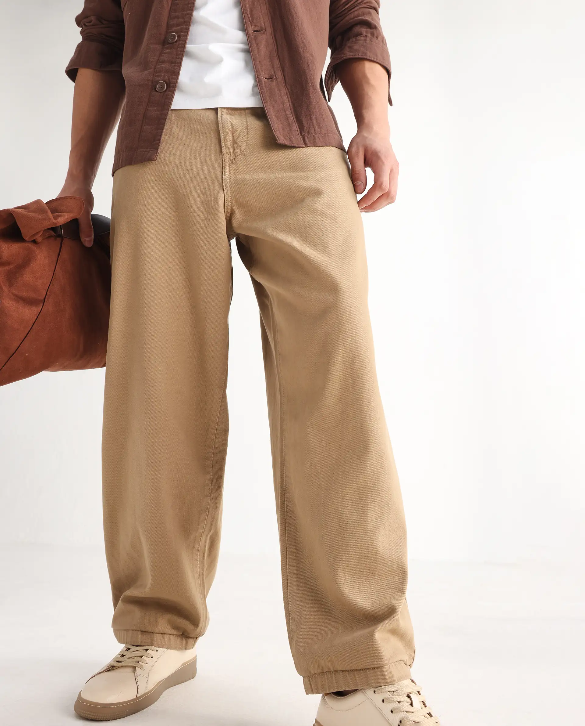Rare Rabbit Men's Bron Beige Cotton Plain Baggy Fit Jeans - Image 2