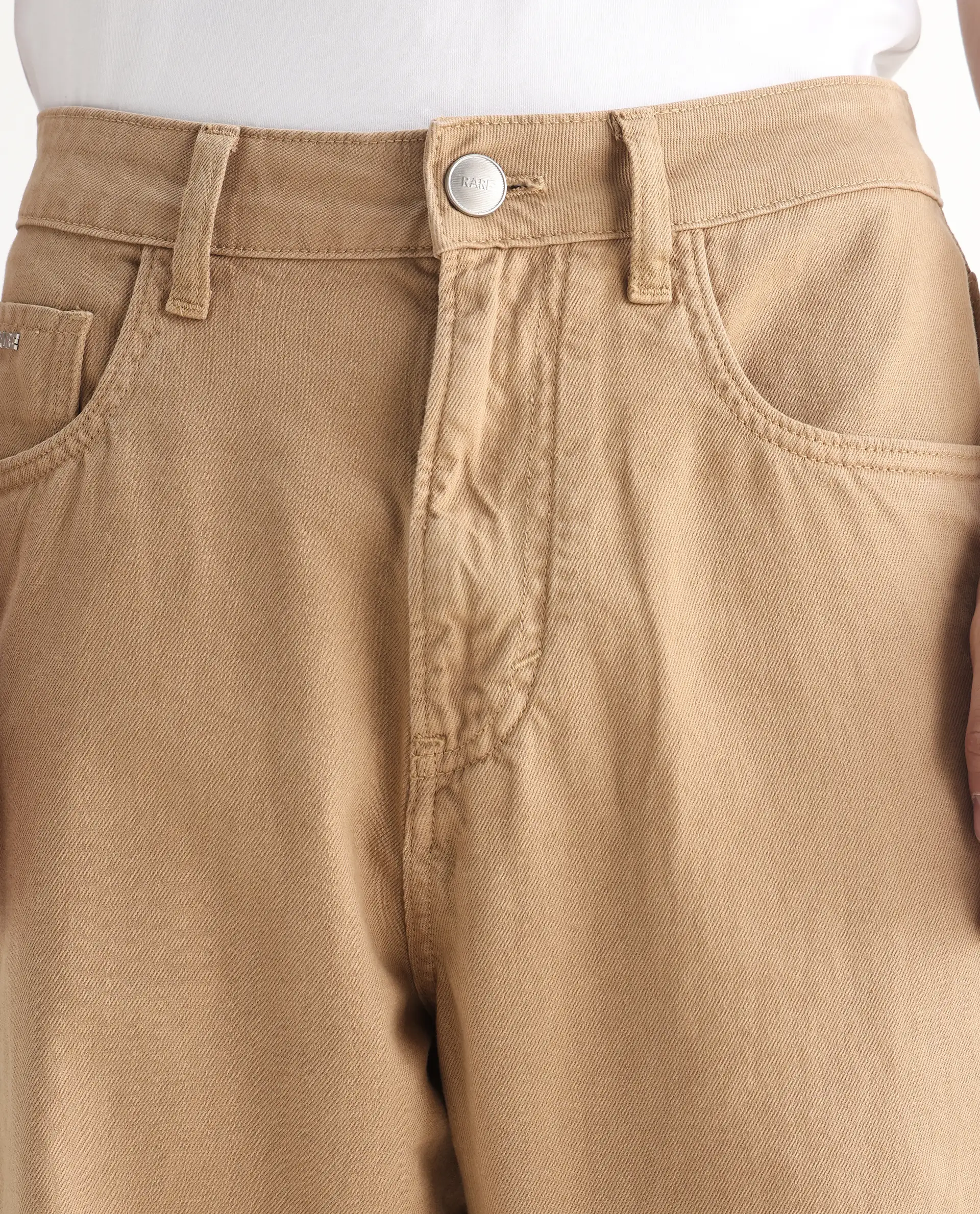 Rare Rabbit Men's Bron Beige Cotton Plain Baggy Fit Jeans - Image 4