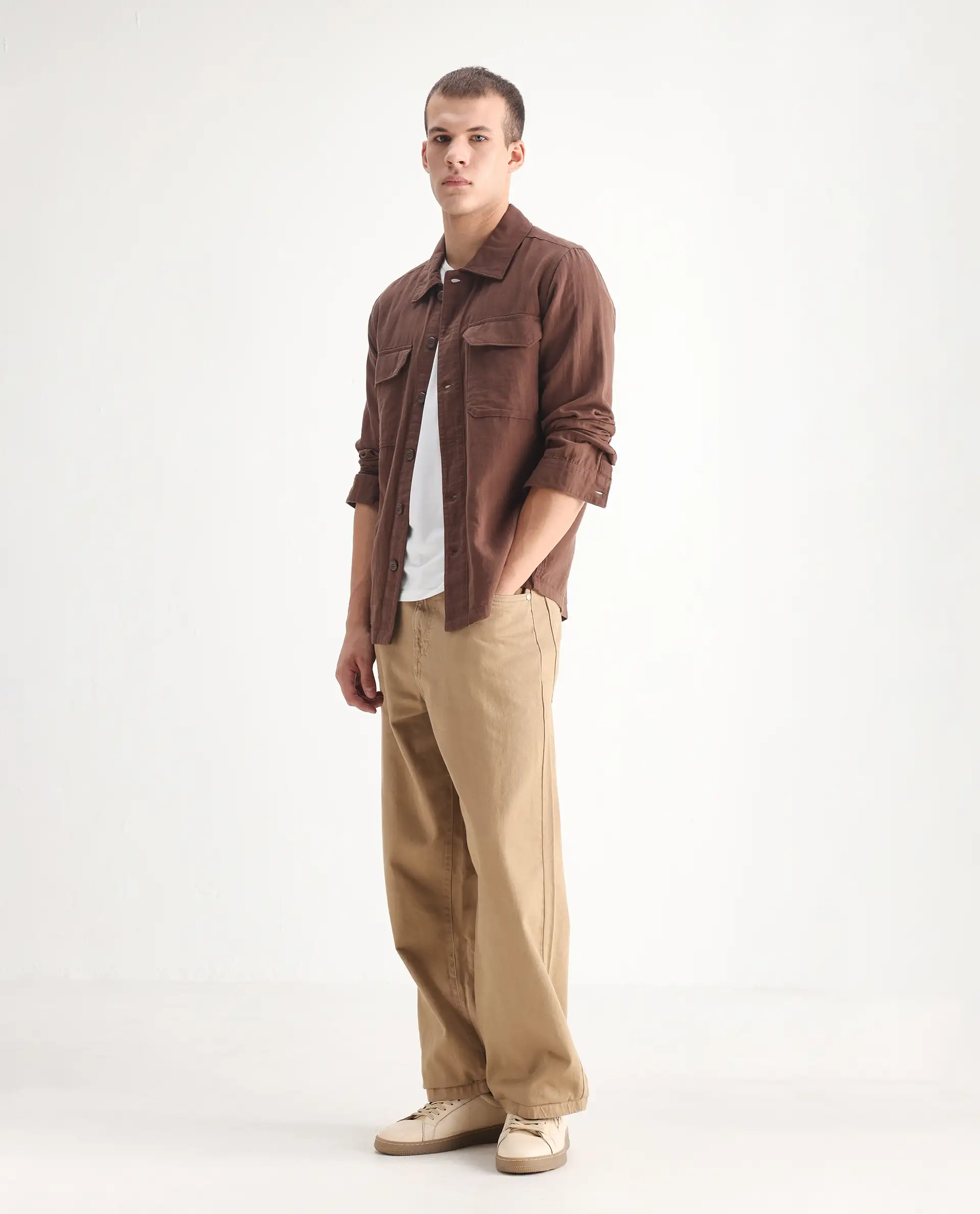 Rare Rabbit Men's Bron Beige Cotton Plain Baggy Fit Jeans - Image 5
