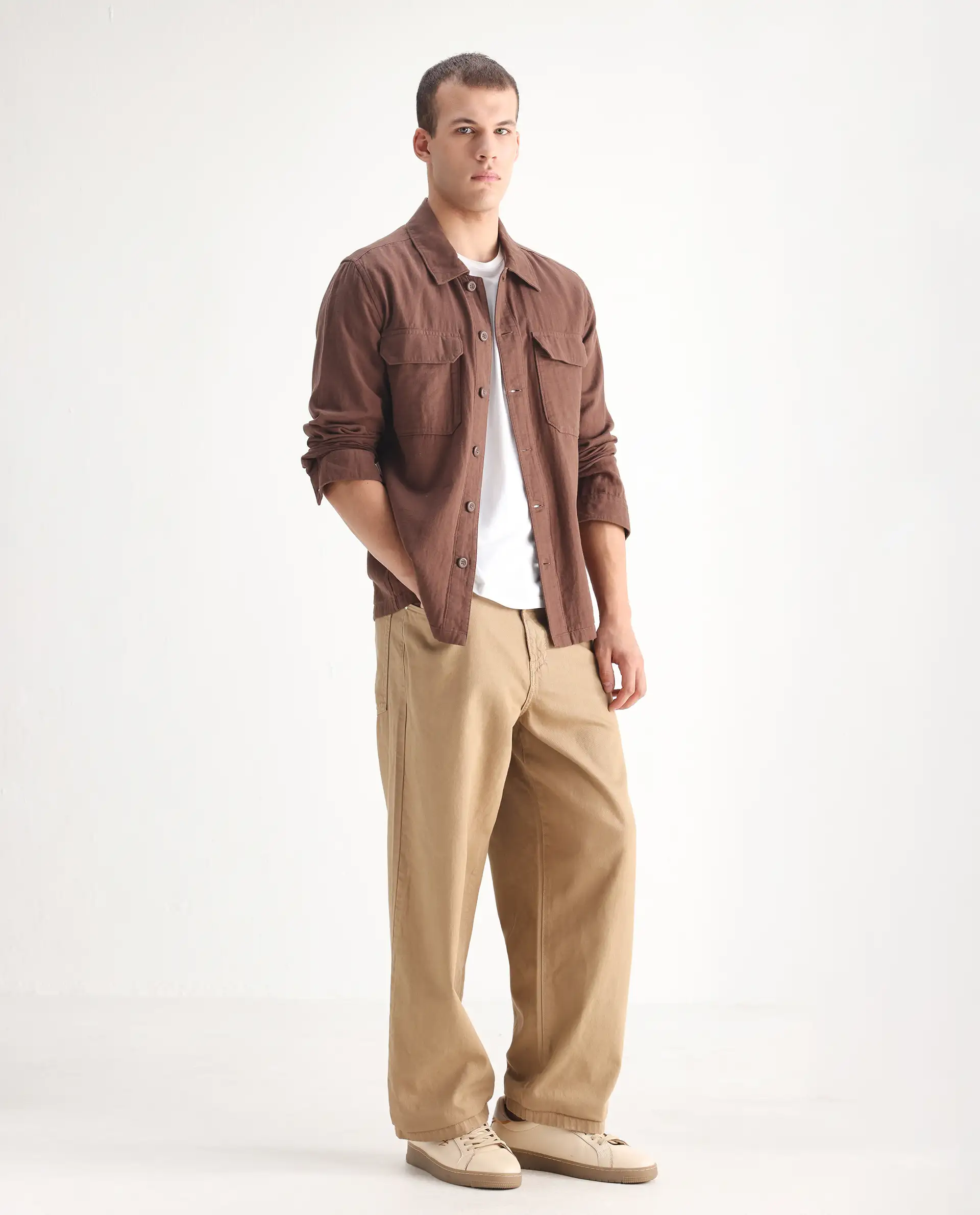 Rare Rabbit Men's Bron Beige Cotton Plain Baggy Fit Jeans - Image 6