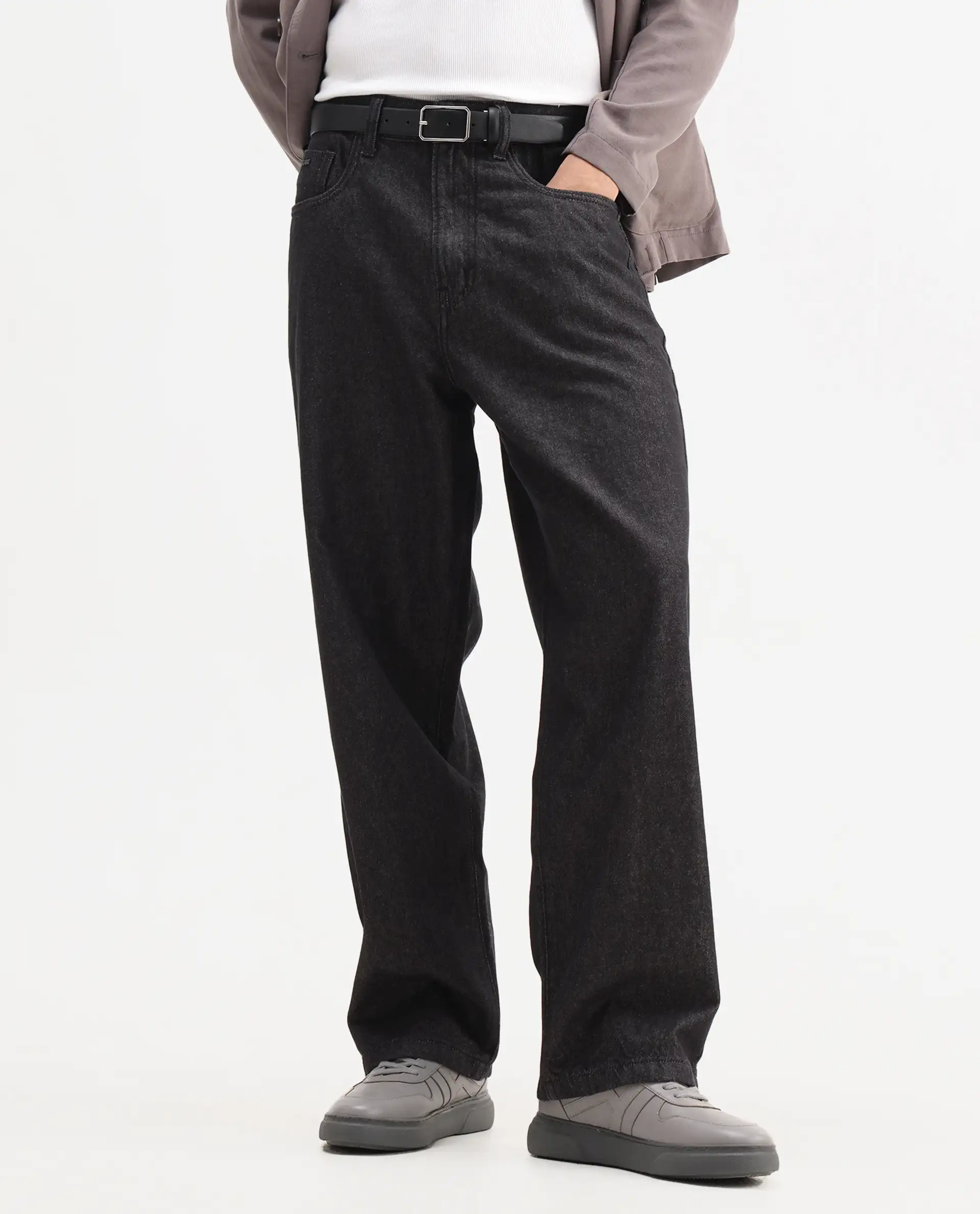 Rare Rabbit Men's Bron Black Cotton Plain Baggy Fit Jeans - Image 2