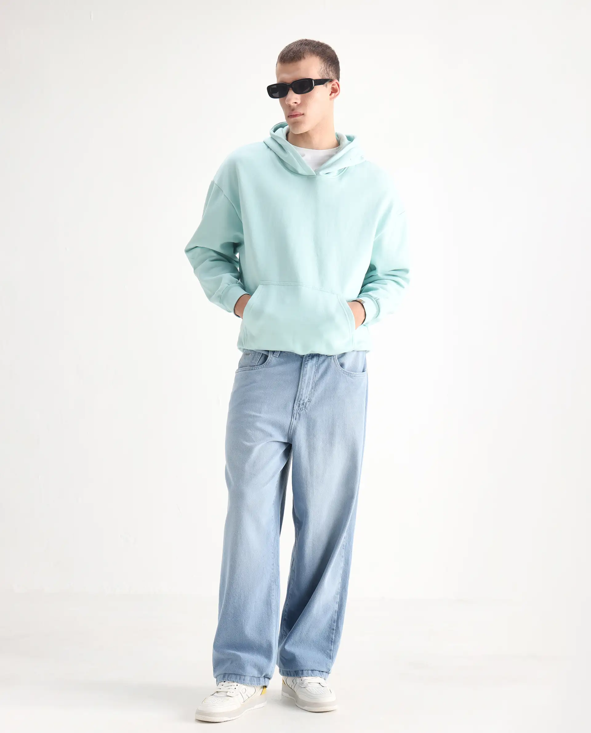 Rare Rabbit Men's Bron Light Blue Cotton Plain Baggy Fit Jeans