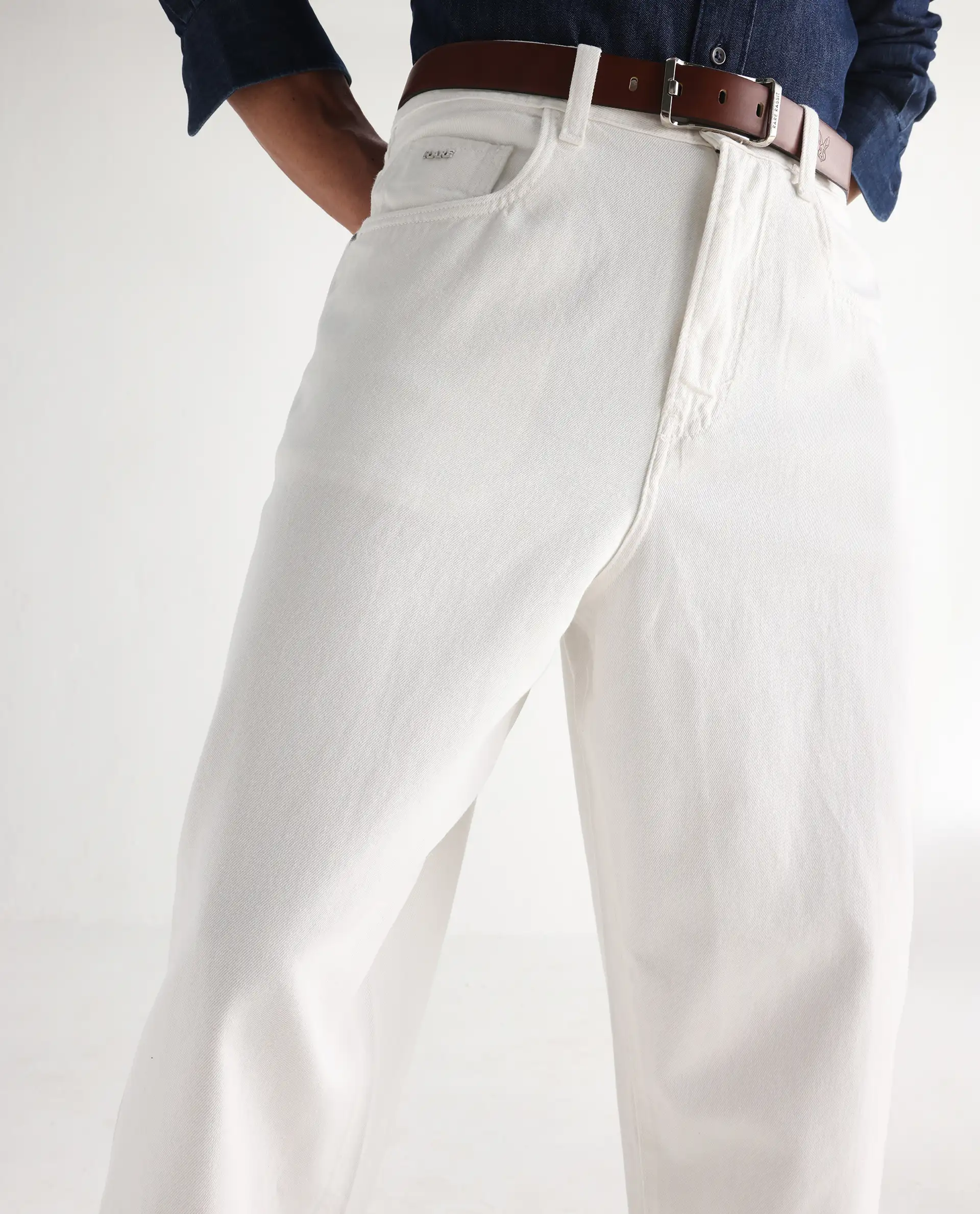 Rare Rabbit Men's Bron White Cotton Plain Baggy Fit Jeans - Image 2