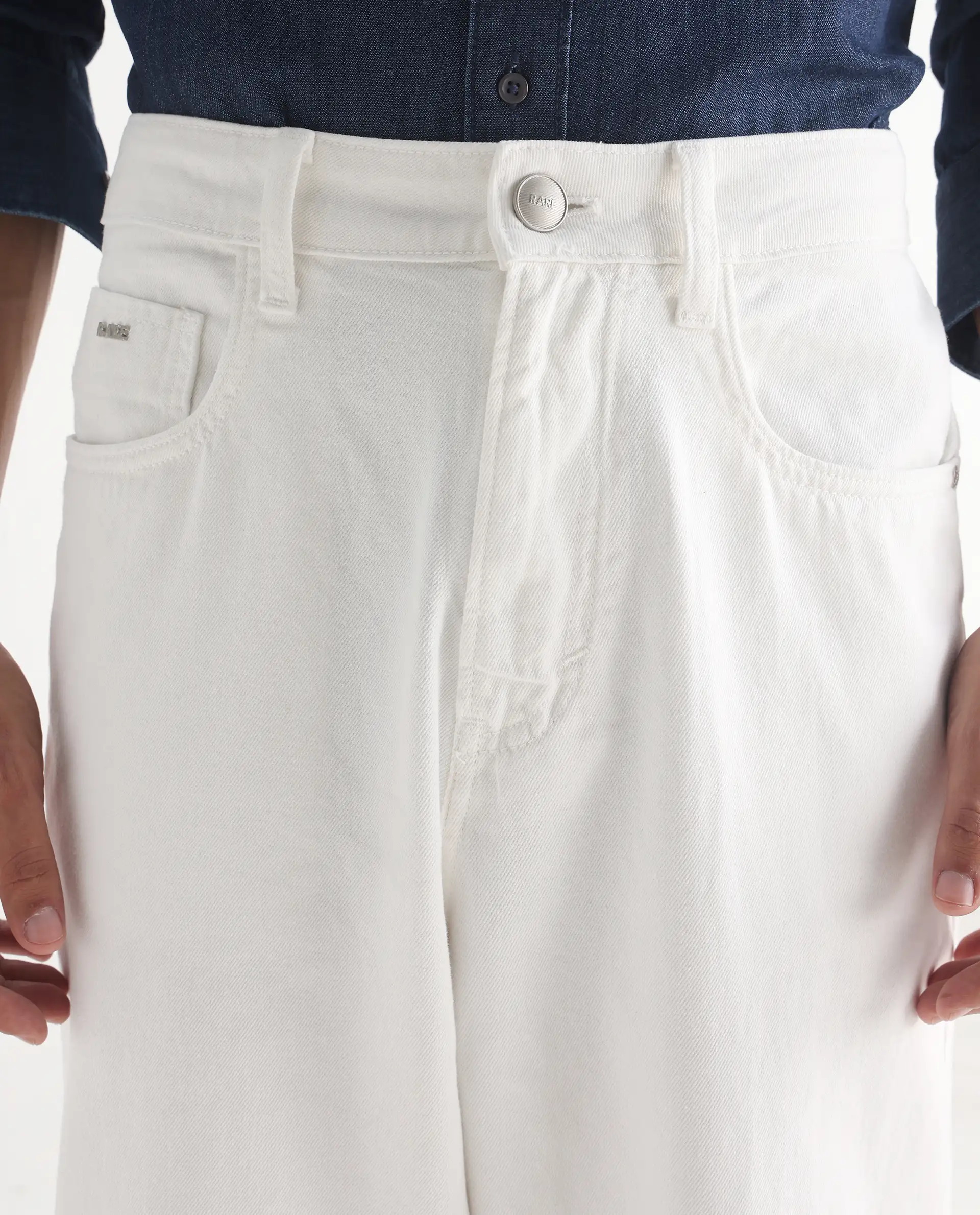 Rare Rabbit Men's Bron White Cotton Plain Baggy Fit Jeans - Image 6