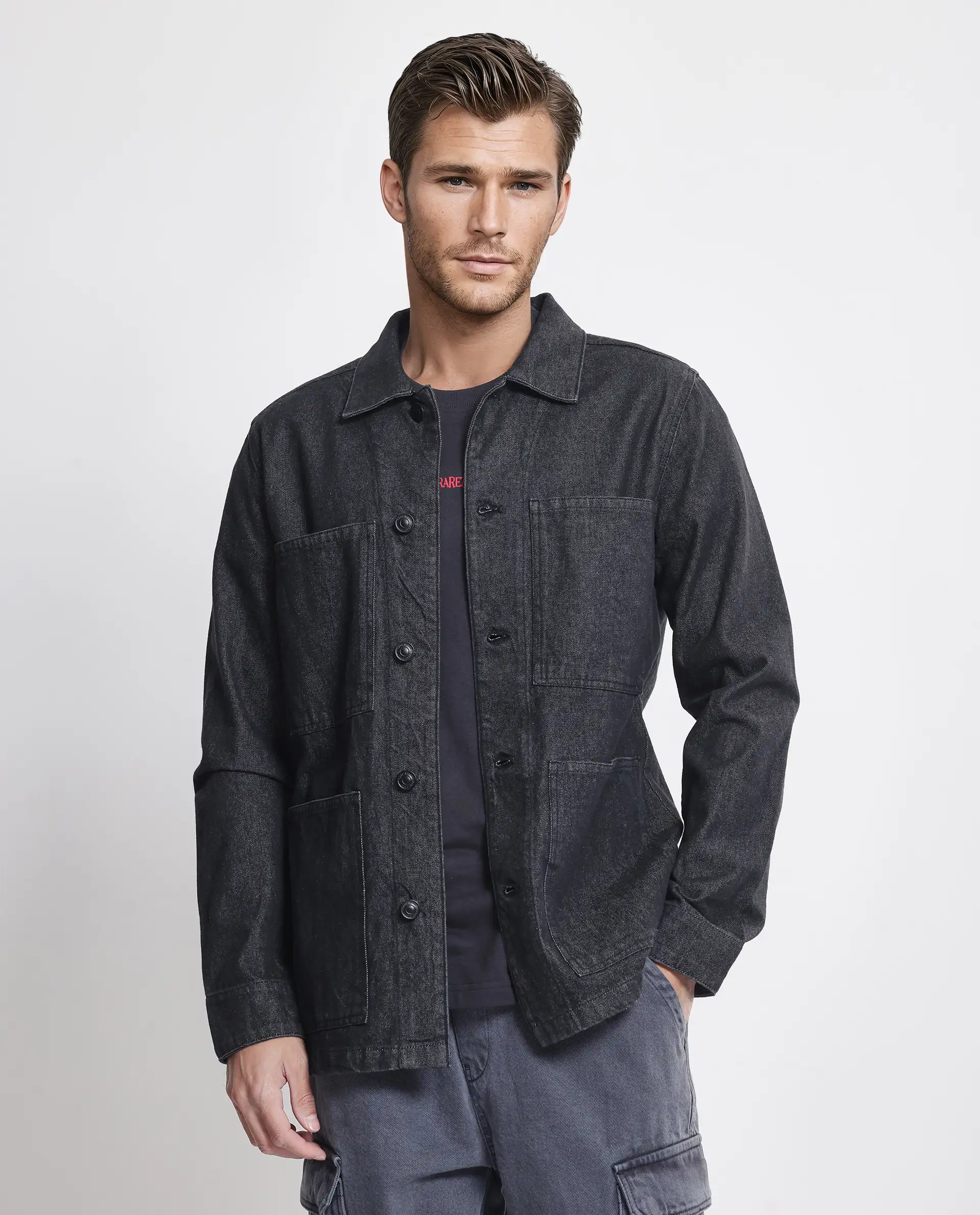 Rare Rabbit Men's Brond Black Cotton Plain Regular Fit Full Sleeve Spread Collar Jacket - Image 2