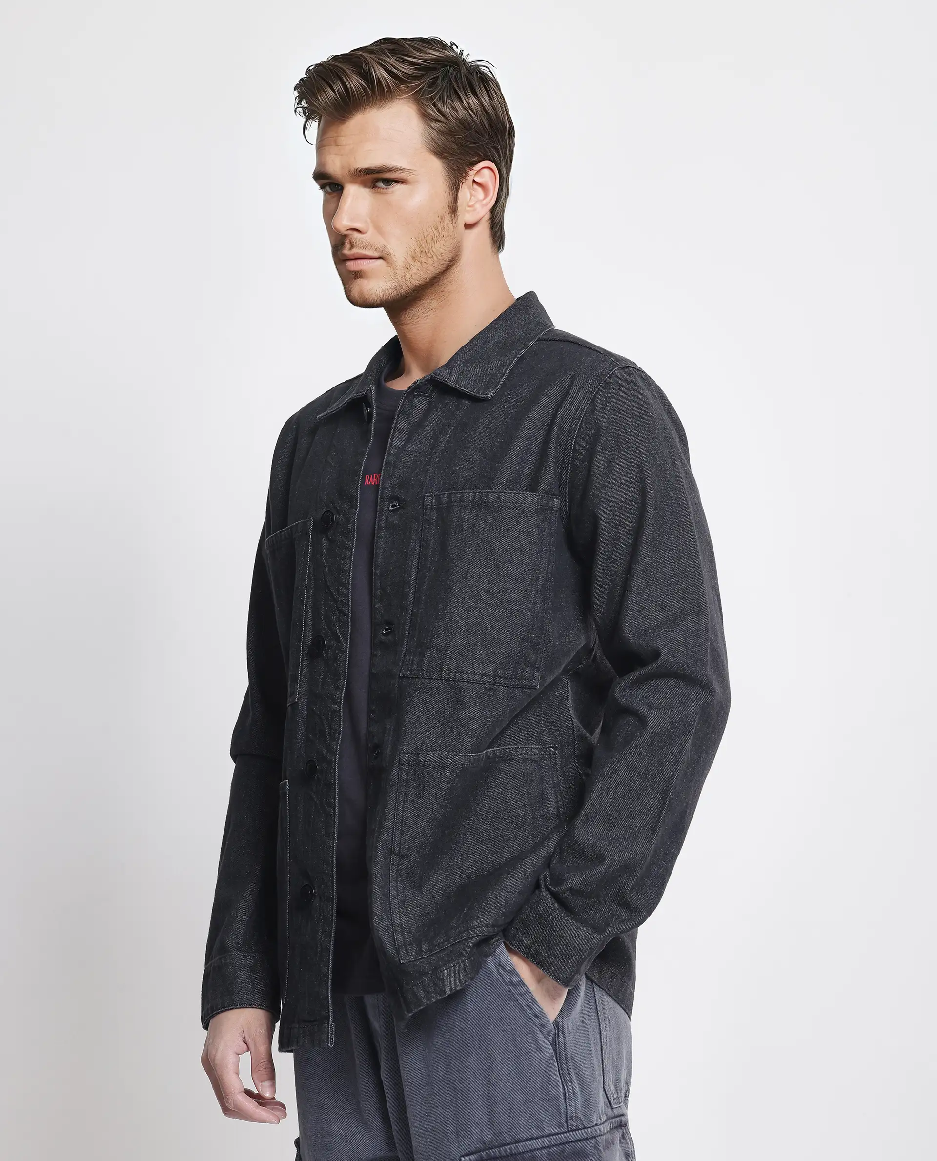 Rare Rabbit Men's Brond Black Cotton Plain Regular Fit Full Sleeve Spread Collar Jacket - Image 7