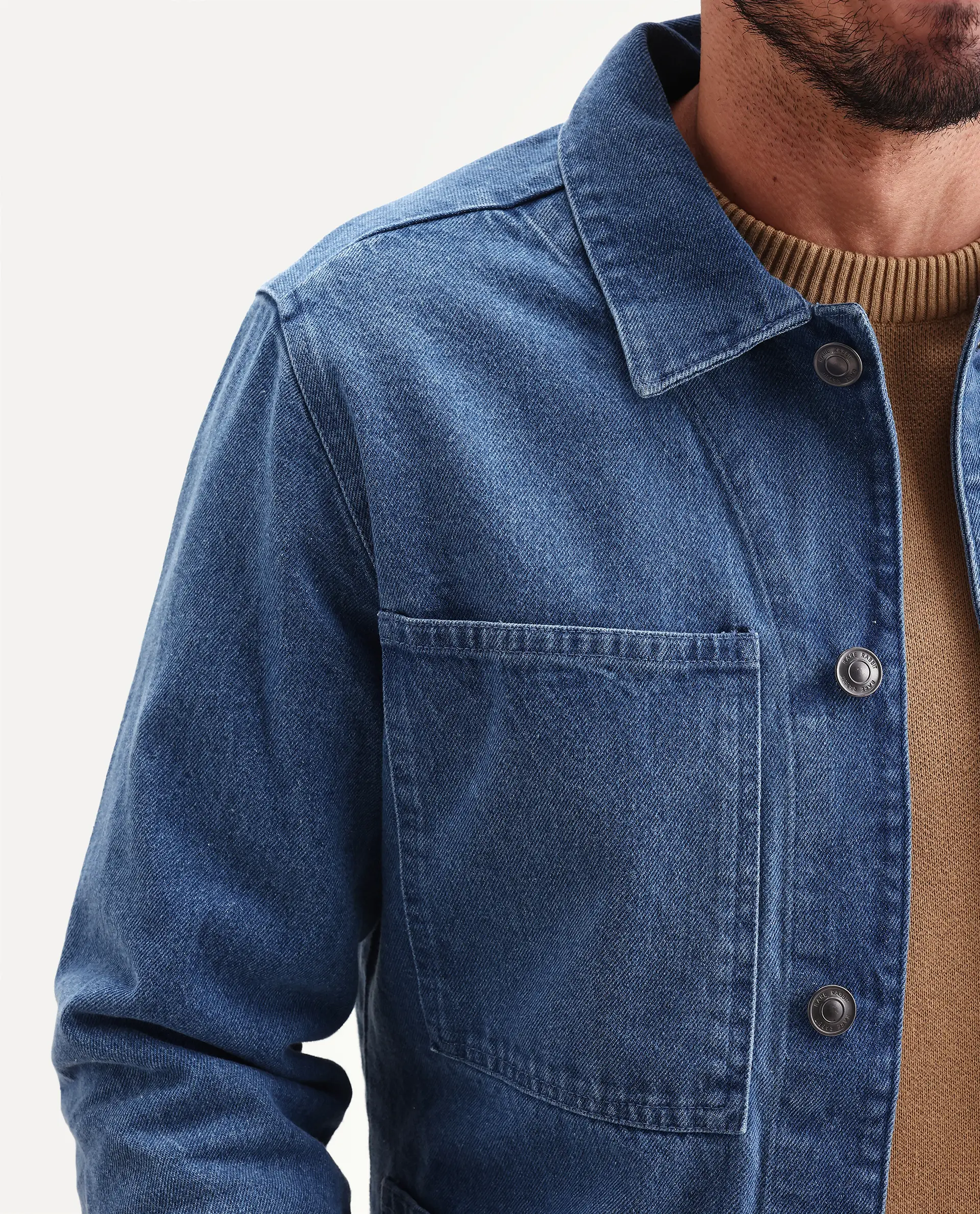 Rare Rabbit Men's Brond Blue Cotton Plain Regular Fit Full Sleeve Spread Collar Jacket - Image 3