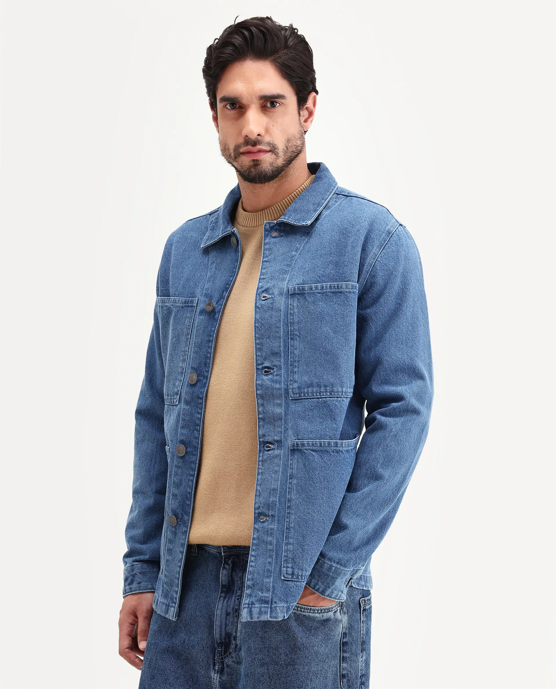 Rare Rabbit Men's Brond Blue Cotton Plain Regular Fit Full Sleeve Spread Collar Jacket - Image 4